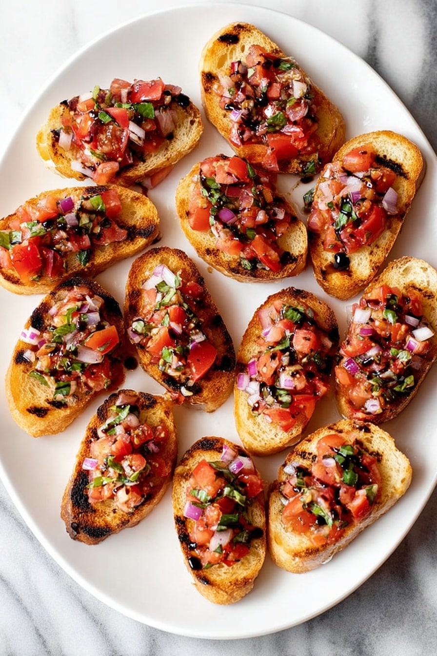 Tomato Bruschetta with Balsamic Glaze, fresh tomato bruschetta, easy appetizer recipes, healthy summer snack, flavorful Italian starters - The image shows several slices of toasted bread arranged on a round white plate placed on a white marbled surface. Each slice has a thick base with a light brown, crunchy crust and a soft interior. On top of each slice is a colorful mixture consisting of small pieces of red tomatoes, finely chopped purple onions, green basil leaves, and small bits of white garlic or cheese, all lightly drizzled with dark balsamic glaze. The toppings are evenly spread, sitting prominently above the bread, creating a vibrant and fresh presentation. Photo taken with an iphone --ar 2:3 --v 7