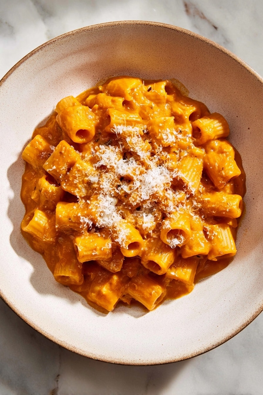 Roasted Pumpkin & Garlic Pasta with Parmesan, pumpkin pasta recipes, easy fall pasta dishes, comforting pumpkin garlic pasta, cheesy pumpkin pasta - A round white bowl holds a single layer of small tube pasta covered in thick, smooth orange sauce. The pasta is closely packed, and the sauce looks creamy and rich, evenly coating each piece. On top, there is a light sprinkle of finely grated white cheese that adds a soft texture contrast. The bowl sits on a white marbled surface, and the lighting is natural and soft, highlighting the warm colors of the dish. photo taken with an iphone --ar 2:3 --v 7