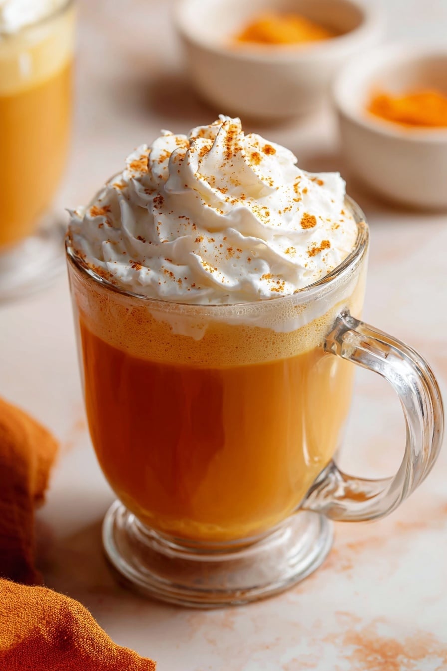 Vegan Pumpkin Spice Latte, pumpkin spice latte recipe, plant-based pumpkin coffee, vegan fall drinks, homemade pumpkin spice latte - A clear glass cup filled with two layers: a thick orange-colored frothy liquid at the bottom and a tall, white swirled whipped cream layer on top sprinkled lightly with orange spice powder. The cup has a clear handle and sits on a surface with a white marbled texture. An orange cloth is partly visible in the bottom left corner, and blurred small white bowls with orange contents appear in the background. photo taken with an iphone --ar 2:3 --v 7