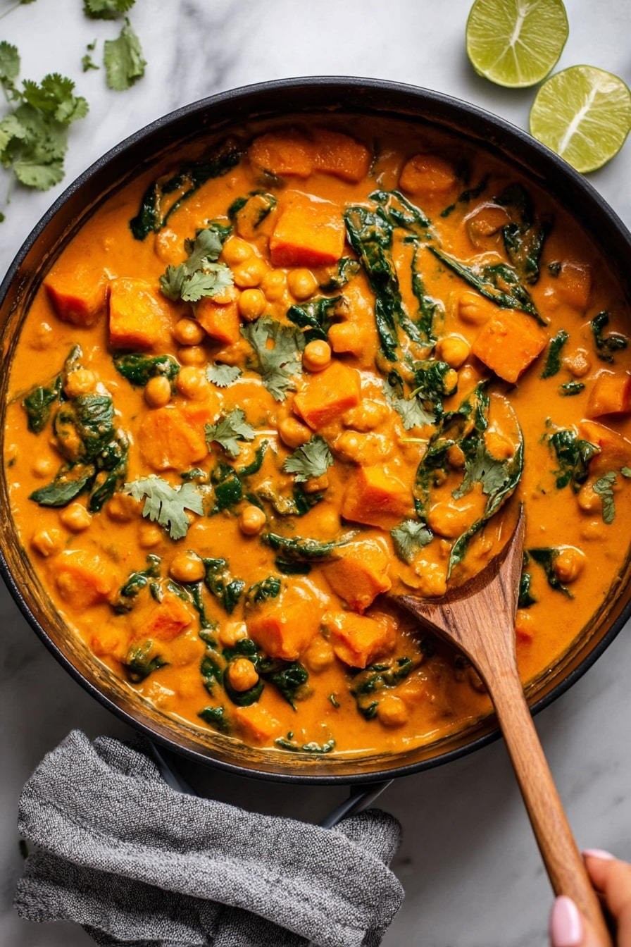 Sweet Potato Curry with Chickpeas, wholesome vegetarian curry, vegan sweet potato recipe, easy chickpea curry, cozy plant-based dinner - A black pot filled with a bright orange creamy stew, showing three main layers: soft orange sweet potato cubes, round light beige chickpeas, and fresh green spinach leaves mixed throughout. The stew sauce is thick and coats the ingredients evenly with a smooth texture. Some chopped cilantro leaves float on top, adding a darker green color. A wooden spoon rests partly inside the pot, stirring the thick stew. Lime wedges and fresh cilantro sprigs lie on a white marbled surface near the pot. A woman's hand holds the pot handle wrapped in a gray cloth. Photo taken with an iphone --ar 2:3 --v 7