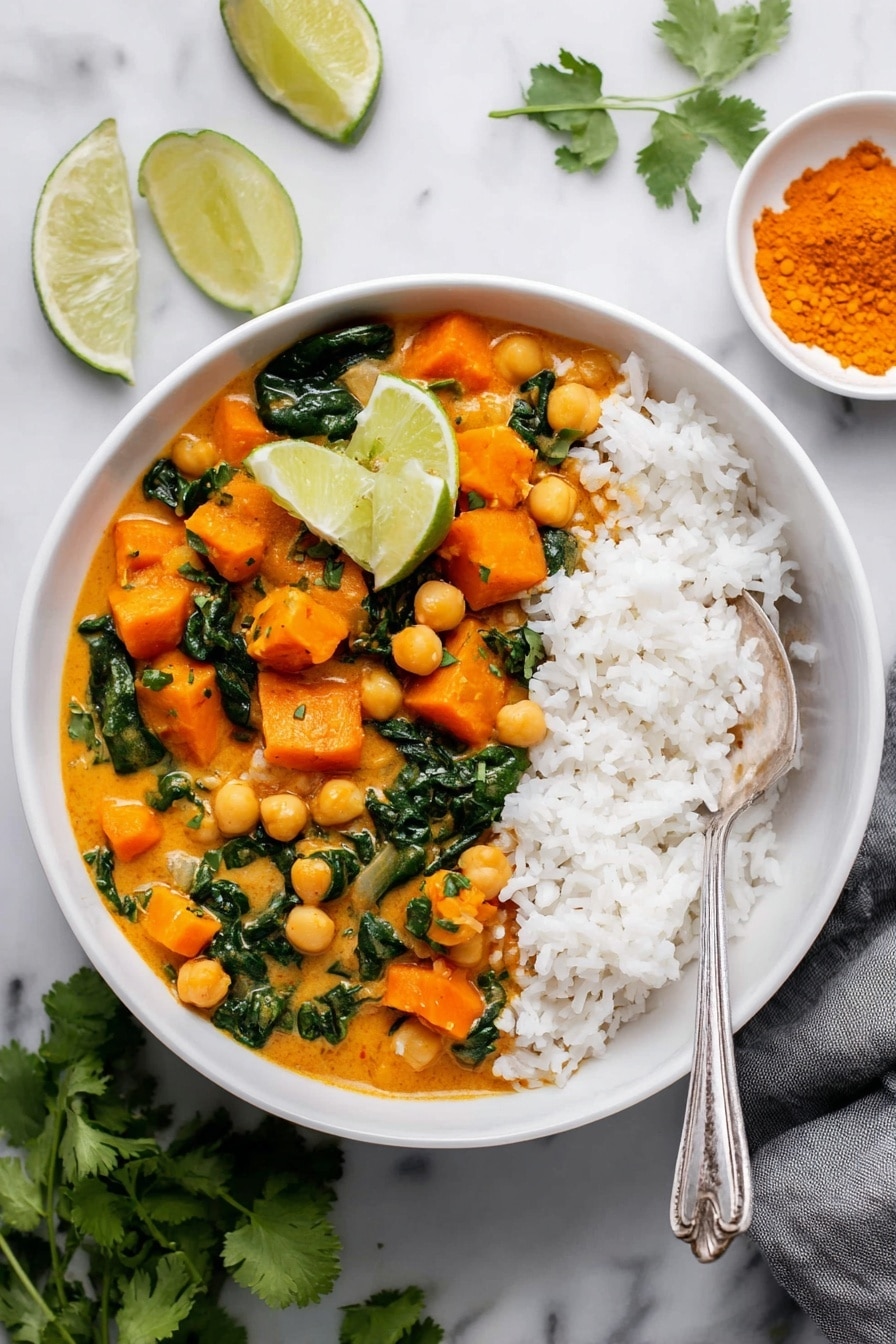 Sweet Potato Curry with Chickpeas, wholesome vegetarian curry, vegan sweet potato recipe, easy chickpea curry, cozy plant-based dinner - The image shows a white bowl with two main layers: on the right side, there is a layer of plain white rice with a shiny silver spoon resting on it; on the left side, an orange curry with chickpeas, soft cubed pieces of orange sweet potato, and dark green spinach leaves mixed in. Two green lime wedges are placed on top of the rice next to the curry. The bowl is on a white marbled surface with a small white dish of orange powder and two lime wedges in the background. Some fresh green cilantro leaves are placed near the bowl. photo taken with an iphone --ar 2:3 --v 7