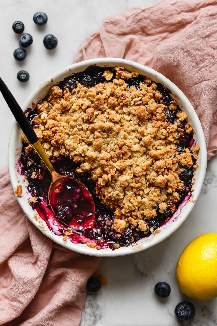 Apple and Blueberry Crumble, apple blueberry crumble dessert, easy fruit crumble recipe, fruit crisp with apples and blueberries, homemade berry crumble - The image shows a white round dish filled with a baked blueberry crumble. The dessert has two layers: the bottom layer consists of cooked, glossy, deep blue and purple blueberries mixed with a thick fruit sauce visible where a portion is scooped out, and the top layer is a golden-brown oat crumble with a rough textured surface made of small chunks and scattered oats. A black spoon with a golden tip is placed inside the dish resting in the fruit layer. Around the dish, there is a soft pink cloth on a white marbled surface, a whole yellow lemon, and scattered fresh blueberries. Photo taken with an iphone --ar 2:3 --v 7