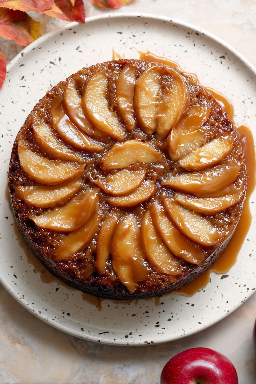 Apple Upside Down Cake, caramelized apple cake, fall dessert, cinnamon apple cake, easy upside down cake - A round upside-down apple cake with thinly sliced apple pieces arranged in a circular pattern on top, glazed with a shiny brown caramel sauce that covers the entire surface and edges; the cake itself is dense and dark brown, sitting on a white plate with small speckled patterns, all placed on a white marbled texture background with a red apple partially visible in the bottom right corner, and some autumn-colored leaves in the top left corner photo taken with an iphone --ar 2:3 --v 7