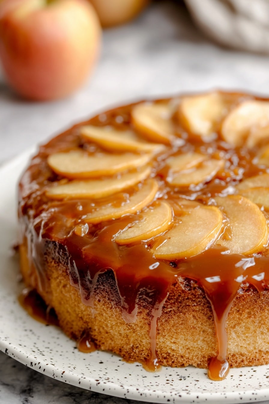 Apple Upside Down Cake, caramelized apple cake, fall dessert, cinnamon apple cake, easy upside down cake - A round cake with a single layer of light brown sponge at the bottom, topped with a thick, shiny caramel glaze that drips slightly over the edges. On top, thin apple slices with a pale yellow color are neatly arranged in a circular pattern, covered evenly by the sticky caramel glaze. The cake is on a white plate with small black specks, placed on a white marbled surface. In the background, a blurred apple can be seen. photo taken with an iphone --ar 2:3 --v 7