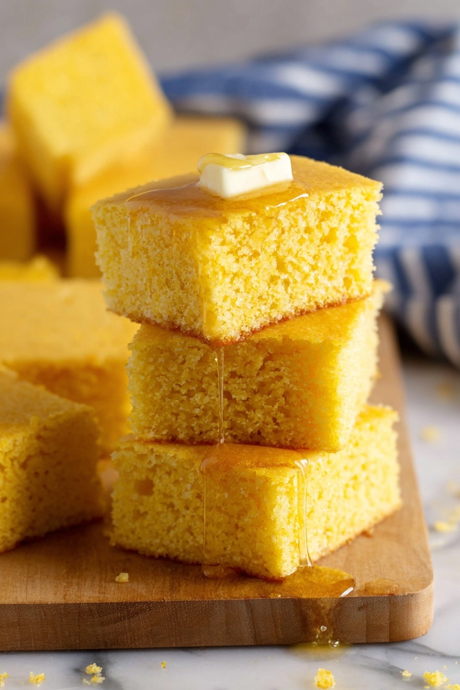 The Best Vegan Cornbread, vegan cornbread recipe, dairy-free cornbread, easy vegan cornbread, tender vegan cornbread - The image shows a stack of two pieces of yellow cornbread, each piece has a soft and slightly crumbly texture. The top piece has a thin square of pale yellow butter resting in the center. The cornbread pieces are cut into neat squares with visible small air holes throughout, showing a light and fluffy interior. The stack is placed on a light wood board that is partially resting on a white marble surface. Other pieces of cornbread are scattered around the background with a blue and white striped cloth softly blurred in the background. photo taken with an iphone --ar 2:3 --v 7