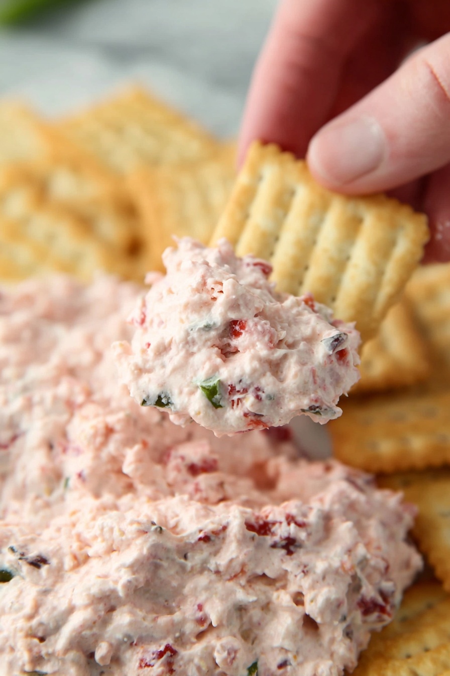 Cranberry Jalapeno Dip, Cranberry Jalapeno Dip recipe, spicy cranberry dip, holiday cranberry dip, easy party dip - A woman’s hand is holding a rectangular, light tan cracker with ridged edges, scooping up a chunky pink dip that has visible bits of red and green inside. Below, there is a generous layer of the same pink dip spread unevenly on more crackers, all placed on a white marbled surface. The dip looks creamy with a rough texture from the small pieces mixed in. The background fades softly showing more crackers with dip on the white marbled texture. photo taken with an iphone --ar 2:3 --v 7