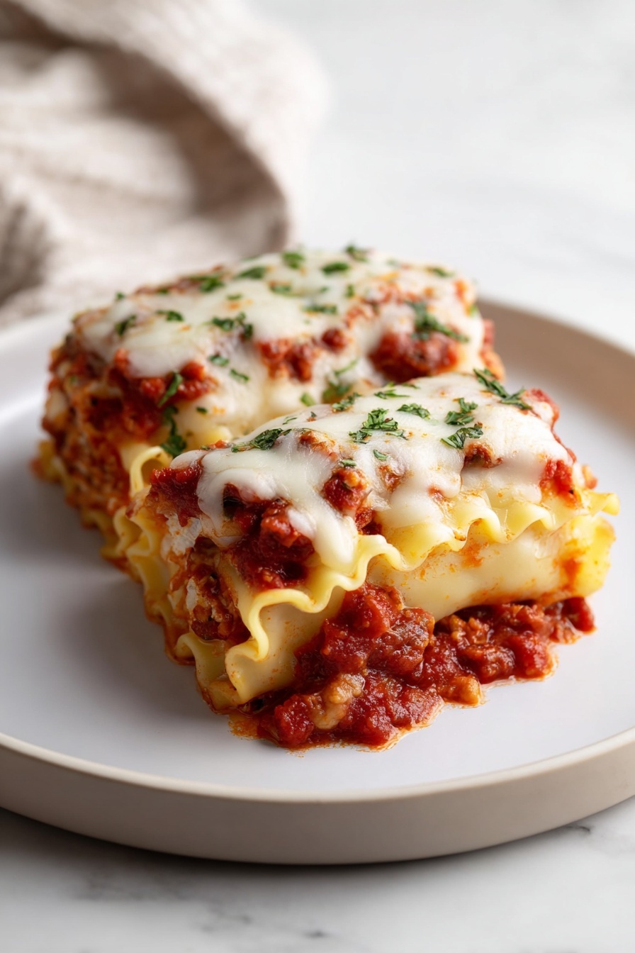 Vegan Lasagna Rolls, vegan lasagna rolls recipe, plant-based lasagna rolls, vegan stuffed pasta, vegan baked lasagna - Two rolled lasagna pieces sit side by side on a simple white plate. Each lasagna roll shows visible layers: a bottom layer of soft, wavy, pale-yellow pasta sheets, a middle layer of chunky red tomato sauce mixed with bits of meat, and a top layer of melted white cheese with some fresh green herb pieces sprinkled over. The red sauce slightly seeps down the sides, and the cheese has a lightly browned texture. The plate rests on a white marbled surface with a soft out-of-focus cloth in the background. Photo taken with an iphone --ar 2:3 --v 7