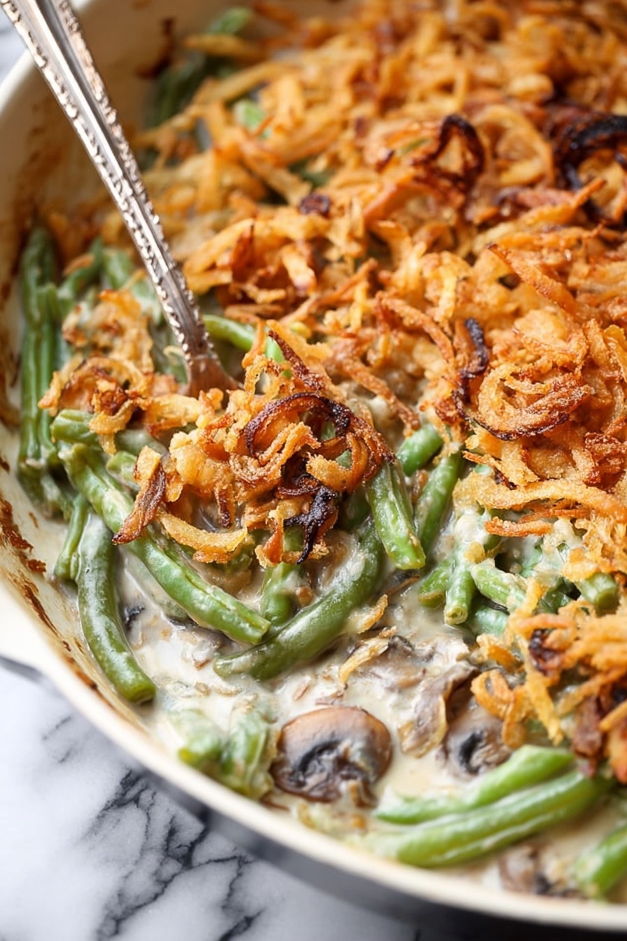 Vegan Green Bean Casserole, vegan green bean casserole without dairy, plant-based green bean casserole, healthy vegan side dish, holiday vegan casserole - A black cast iron skillet filled with a creamy green bean casserole is shown. The bottom layer consists of a smooth, light beige creamy sauce mixed with sliced mushrooms, visible around the edges. Above that, bright green bean pieces are spread evenly, some mixed into the sauce. The top layer is a generous layer of crispy, golden-brown fried onion strings that cover most of the casserole, with some dark, toasted spots adding texture and contrast. A silver utensil is partially submerged on the right side, revealing the layers inside. The skillet sits on a white marbled surface. photo taken with an iphone --ar 2:3 --v 7