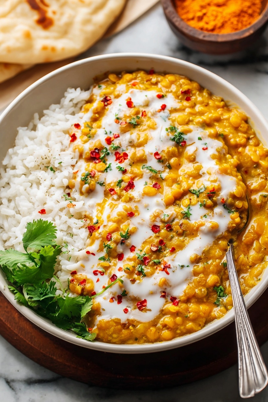 Red Lentil Dahl, Easy Lentil Dahl, Quick Vegan Dinner, Healthy Lentil Recipes, Comfort Food Recipes - A white bowl holds two main layers: on the left side, there is plain white rice with a soft, fluffy texture; on the right, there is a thick yellow-orange lentil stew topped with white creamy sauce drizzled diagonally, scattered small red chili flakes, and tiny green herbs. In the front bottom left corner of the bowl, fresh green cilantro leaves add color contrast. A silver spoon rests inside the bowl on the right side, slightly submerged in the lentil stew. The bowl is on a surface with a white marbled texture, with some flatbread partially visible in the background and a small brown bowl containing orange powder out of focus in the upper right. Photo taken with an iphone --ar 2:3 --v 7