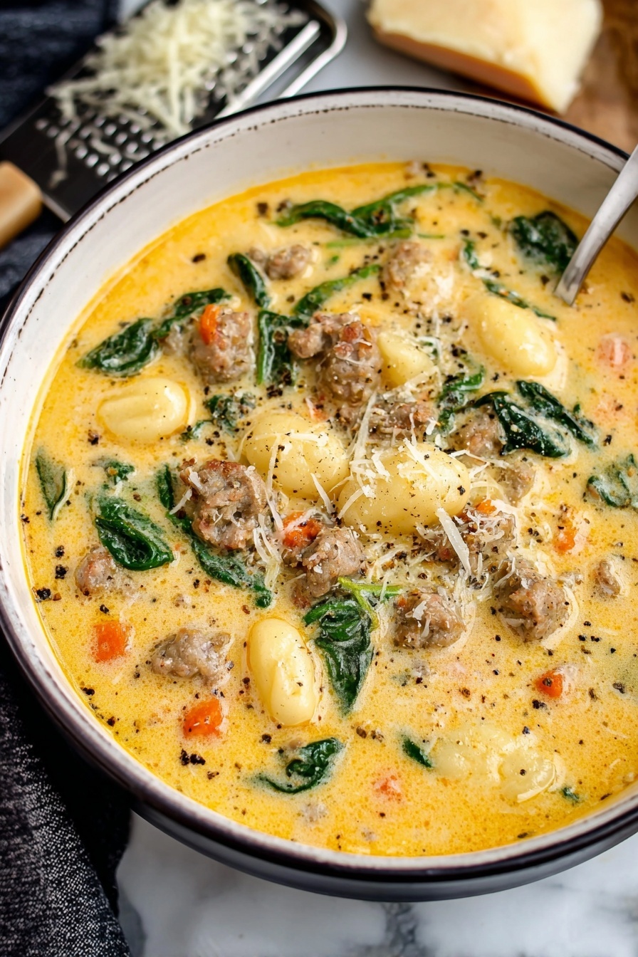 Creamy Italian Sausage Gnocchi Soup Italian sausage gnocchi comforting soup quick dinner hearty Italian sausage gnocchi soup - A bowl filled with a creamy yellow soup containing round gnocchi pieces that are slightly shiny and smooth. Mixed within the soup are browned meat pieces with a crumbly texture and small bits of orange carrots scattered throughout. There are dark green spinach leaves adding color contrast. The soup looks thick and warm, with some grated cheese sprinkled on top and around the bowl edges. The bowl is white and set on a white marbled surface, with a striped cloth nearby and a block of cheese partially visible in the background. photo taken with an iphone --ar 2:3 --v 7