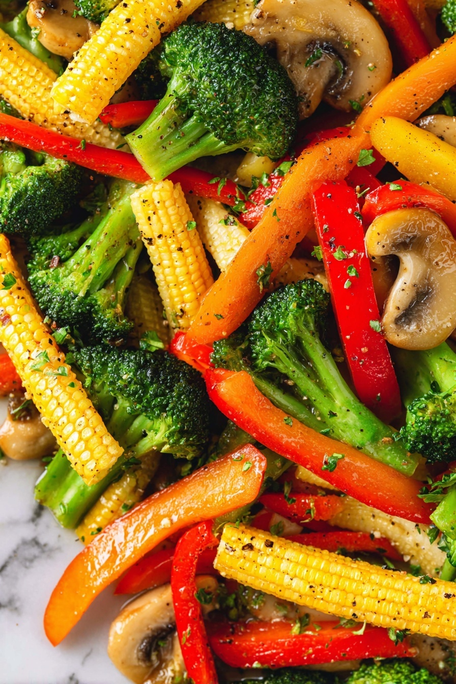 Vegetable Stir Fry, healthy vegetable stir fry, quick vegetable stir fry, colorful stir fry recipe, easy vegetable stir fry - The image shows a close-up of a colorful mix of stir-fried vegetables. The dish has three main layers: bright green broccoli florets with a slightly rough texture, yellow baby corn with a bumpy surface scattered throughout, and long strips of bell peppers in red, orange, and yellow with a smooth, shiny look. There are also pieces of light brown mushrooms with a soft, slightly glossy texture mixed in. The vegetables are sprinkled with small bits of green herbs and black pepper, which adds a speckled pattern on the surface. The whole mix sits on a background with a white marbled texture. Photo taken with an iphone --ar 2:3 --v 7