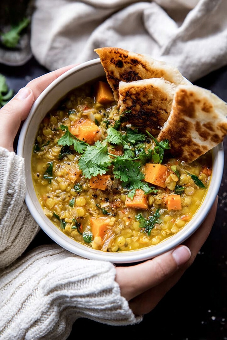 Coconut Sweet Potato Lentil Soup with Rice, hearty vegan soup, comforting plant-based dinner, creamy coconut lentil soup, healthy sweet potato soup - A white bowl filled with a thick lentil and rice stew showing yellow broth and chunks of orange sweet potato mixed with green herbs and lentils; two pieces of toasted flatbread folded and placed inside the bowl leaning to one side, garnished on top with fresh green cilantro leaves; the bowl is held by a woman's hands wearing a white knitted sweater over a light beige cloth, all set on a dark surface with a soft focus in the background, photo taken with an iphone --ar 2:3 --v 7