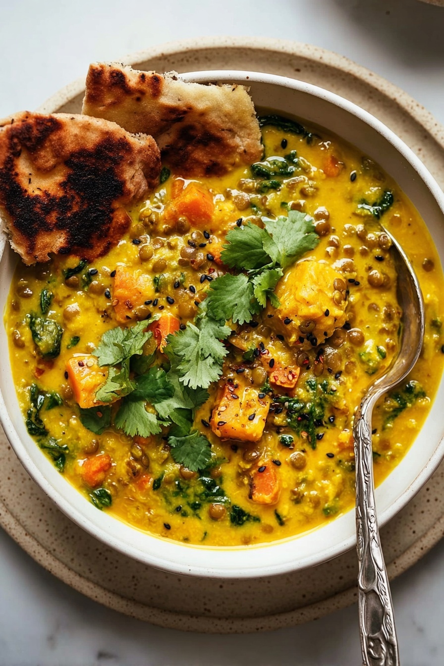 Ginger Sweet Potato and Coconut Milk Stew with Lentils and Kale, hearty vegan stew, healthy plant-based dinner, cozy comfort food, nutritious vegan recipe - A white bowl filled with thick yellow curry that has green lentils and bright orange chunks of squash mixed in, garnished with fresh green cilantro leaves on top. The curry shows some small black seeds sprinkled across the surface and bits of leafy greens cooked into the sauce. On the left side inside the bowl, two pieces of toasted flatbread rest against the curry, showing a golden brown color and slight charring. A silver spoon with an ornate handle is placed inside the bowl on the right side, partially submerged in the curry. The bowl sits on a beige speckled plate, all set on a white marbled surface. Photo taken with an iphone --ar 2:3 --v 7