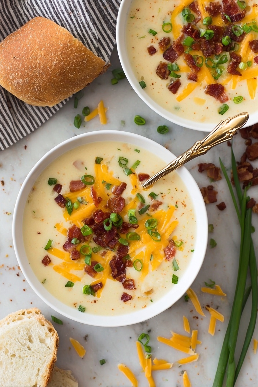 The Ultimate Potato Soup, creamy potato soup recipe, comforting potato soup, easy potato soup, hearty potato soup - The image shows two white bowls filled with creamy, thick soup. The soup is pale yellow and topped with bright orange shredded cheese, small green chopped scallions, and small crispy brown bacon pieces evenly spread across the surface. Each bowl has a gold spoon with a twig-like handle resting inside. Around the bowls, there are scattered bits of cheese and scallions on a white marbled texture. A torn piece of light brown bread sits near the bottom left corner beside one bowl. One woman's hand holds a spoon in the bowl at the top. Photo taken with an iphone --ar 2:3 --v 7