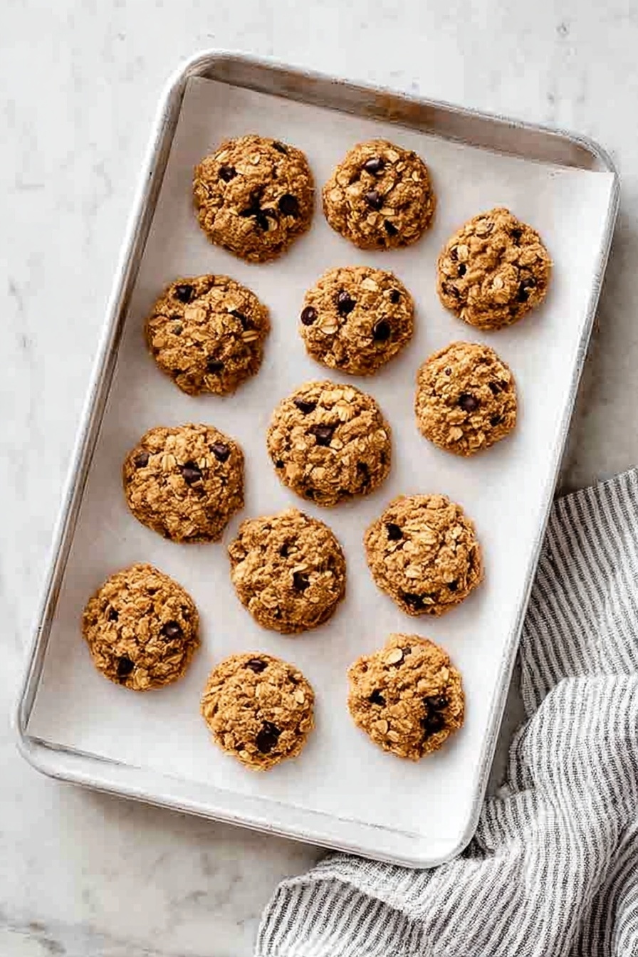 Peanut Butter No Bake Cookies, easy no bake cookies, no bake peanut butter cookies, quick dessert recipes, chewy peanut butter cookies - A white baking tray lined with white parchment paper holds twelve round oatmeal and chocolate chip cookies arranged in rows of three and four. The cookies have a light golden brown color, with visible oats and small dark chocolate chips scattered throughout, showing a rough and textured surface. The tray rests on a white marbled surface with a gray and white striped cloth partially visible at the bottom right corner. photo taken with an iphone --ar 2:3 --v 7