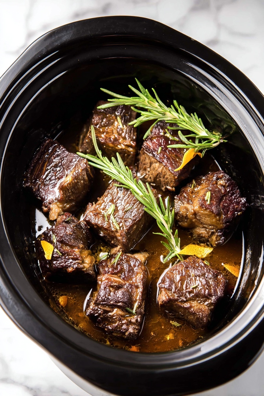 Slow Cooker Beef Short Ribs, beef short ribs, crockpot beef ribs, tender beef short ribs, hearty beef dinner - The image shows a black slow cooker filled with eight pieces of dark brown cooked meat, each piece having a slightly crispy texture on the outside and some visible fat. The meat pieces are partly sitting in a thin brown sauce with a few small slices of yellow zest or strips. On top of the meat lies a green sprig of rosemary for garnish. The slow cooker is placed on a white marbled surface. photo taken with an iphone --ar 2:3 --v 7