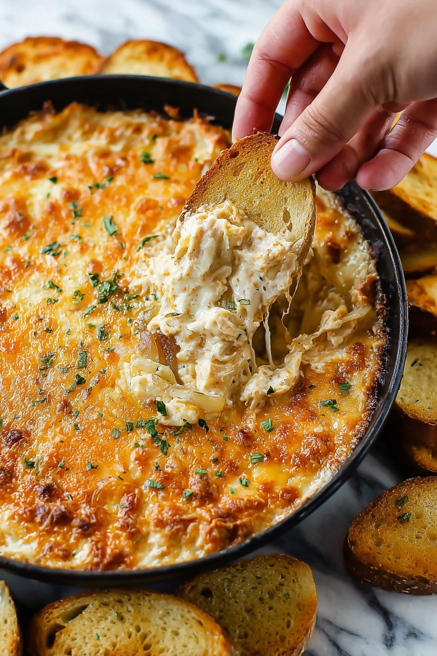 Tennessee Onion Dip, Southern onion dip, caramelized onion appetizer, cheesy onion dip, party appetizer recipes - A close-up view of a black skillet filled with a baked cheesy dip that has a golden-brown melted cheese layer on top, sprinkled with small green herb pieces. The dip looks creamy with visible caramelized onions scattered throughout. A woman's hand is dipping a toasted round white bread slice with a light golden crust into the dip, lifting a scoop that shows cheesy sauce and onion pieces. More toasted bread slices rest on the white marbled surface in the background. photo taken with an iphone --ar 2:3 --v 7