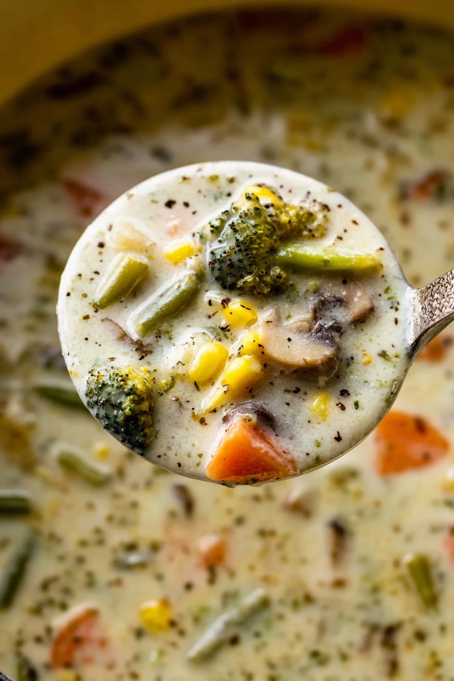 Creamy Vegetable Soup, healthy vegetable soup recipe, homemade creamy soup, comforting veggie soup, easy vegetable soup - A close-up view of a spoon filled with creamy vegetable soup held above a pot. The soup has a thick white base with small black pepper specks, and visible pieces of carrots, green beans, corn, broccoli, and mushrooms. The soup has a soft texture with mixed colors of green, orange, yellow, and brown from the vegetables. The background shows the same soup in the pot with some light reflections on the surface. Photo taken with an iphone --ar 2:3 --v 7