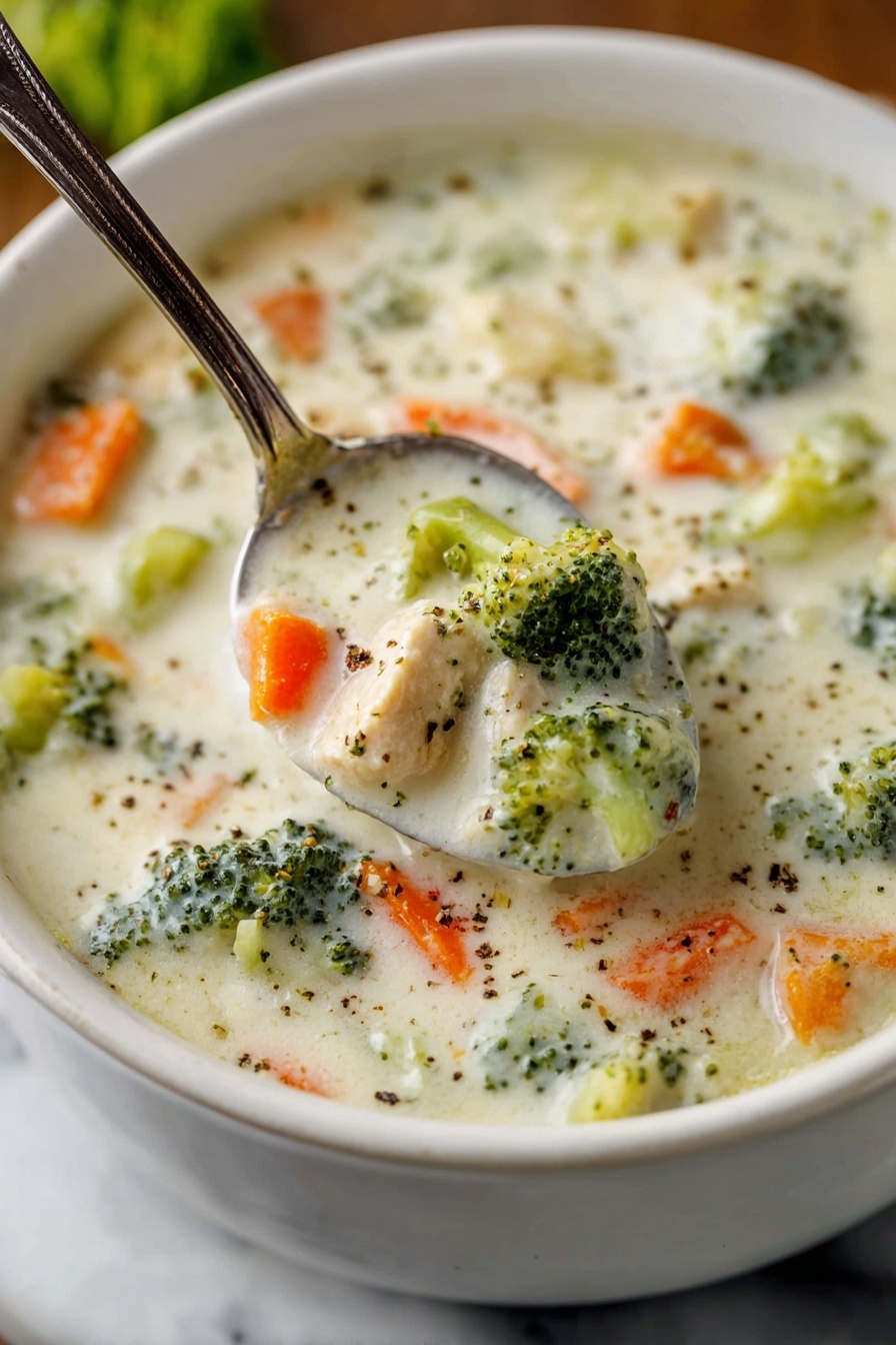Creamy Vegetable Soup, healthy vegetable soup recipe, homemade creamy soup, comforting veggie soup, easy vegetable soup - A white bowl filled with creamy thick soup showing chunks of bright green broccoli, orange carrots, and small pieces of chicken mixed in the white creamy broth. A silver spoon scoops some of the soup, highlighting the texture with visible pepper specks on top, all set on a white marbled surface. photo taken with an iphone --ar 2:3 --v 7