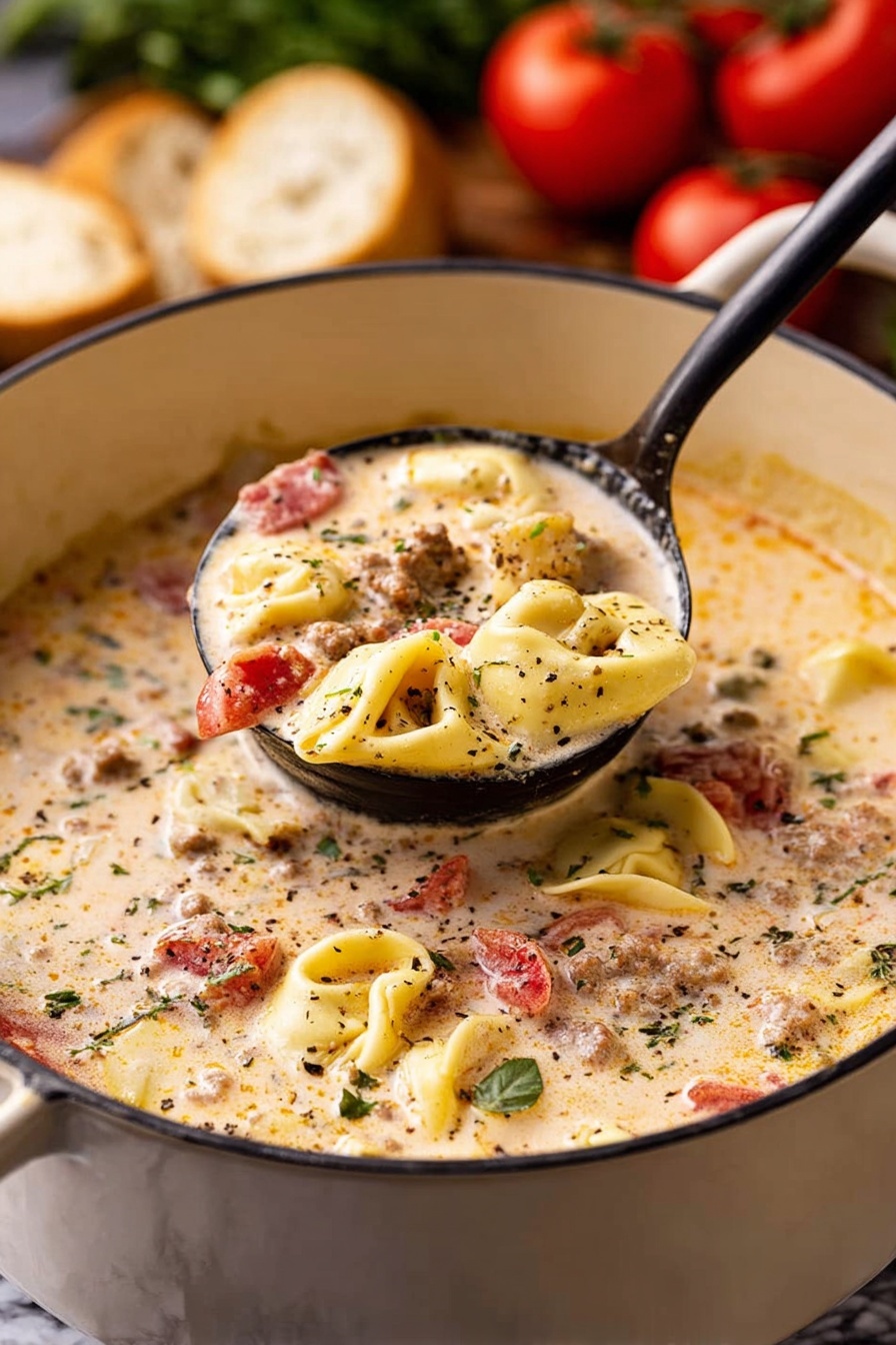 Sausage Tortellini Soup, hearty one-pot sausage soup, creamy tomato tortellini soup, easy sausage pasta soup, cozy Italian sausage soup - A big white pot filled with creamy soup shows many layers inside: soft yellow tortellini pasta, juicy red tomato pieces, and small brown meat bits mixed in a thick white cream base with green herb bits and sprinkled black pepper on top. A black ladle lifts a spoonful of this soup, showing the layers clearly against the white marbled surface background. Some bread and ripe red tomatoes appear blurred in the back. Photo taken with an iphone --ar 2:3 --v 7