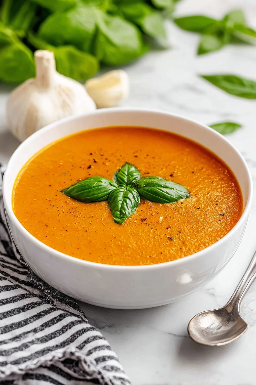 Easy Tomato Basil Soup, tomato basil soup, quick tomato soup, homemade tomato soup, fresh basil soup - A white bowl filled with smooth orange soup that has a slightly speckled texture, topped with three fresh green basil leaves in the center. The bowl sits on a white marbled surface, with two whole garlic bulbs placed to the left. On the right side of the bowl, there is a shiny silver spoon resting on the marbled surface. In the background, blurred green leafy vegetables and a black and white striped cloth are visible. The photo taken with an iphone --ar 2:3 --v 7