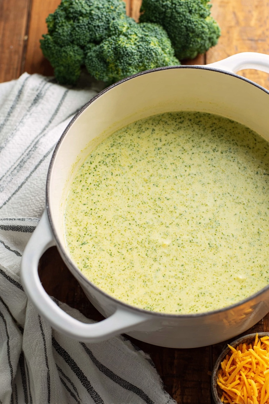 Cream of Broccoli Soup, Broccoli Soup Recipe, Easy Creamy Broccoli Soup, Healthy Broccoli Soup, Cozy Vegetable Soup - A large white pot filled with creamy, light green broccoli soup with tiny bits of broccoli visible in the smooth texture. The pot has two white handles and sits on a wooden surface. Around the pot there are fresh dark green broccoli heads on the left and a small pile of shredded orange cheese on the right. A white and black striped cloth is draped casually behind the pot. Photo taken with an iphone --ar 2:3 --v 7