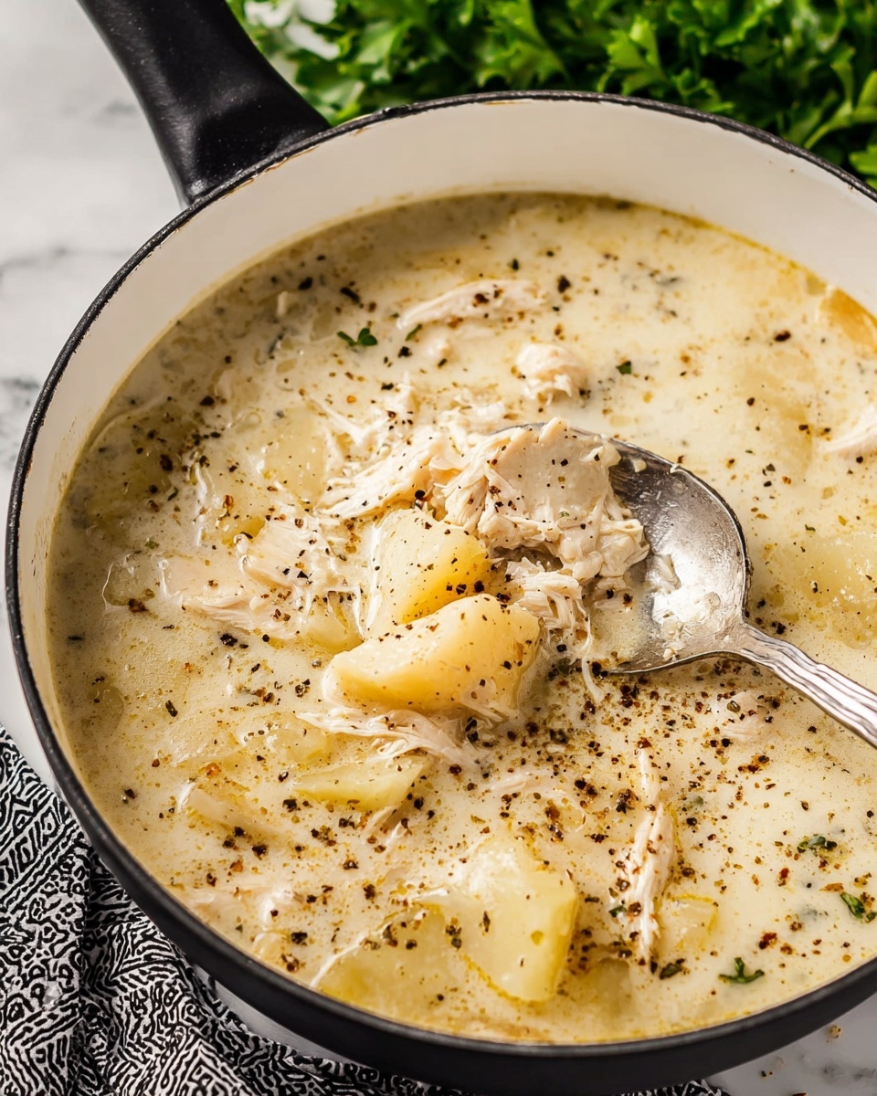 Southern Style Chicken and Dumplings, comforting chicken and dumplings recipe, homemade chicken and dumplings, Southern comfort food, easy chicken and dumplings - A close-up image shows a white pot filled with creamy soup that has light beige color and a smooth, thick texture. A metal ladle lifts a portion of the soup, filled with soft, pale noodles and small bits of meat, all coated in the creamy broth. The soup surface has black pepper sprinkled on top, adding specks of contrasting color. In the background, a bunch of fresh green parsley adds a pop of vibrant color next to the pot, which sits on a white marbled surface. Photo taken with an iphone --ar 2:3 --v 7