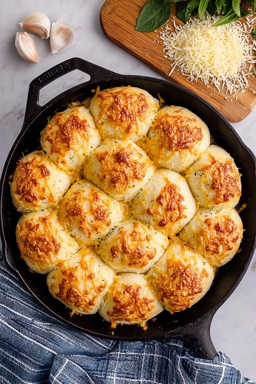 Cheesy Garlic Butter Pull Apart Rolls, cheesy garlic bread, pull apart bread recipe, cheesy bread rolls, garlic butter bread - In a black skillet, there are twelve golden-brown bread rolls arranged closely in a circle, each roll topped with melted and browned cheese, showing some uneven crispy textures. The dough looks soft with a light crust, and the cheese adds a slightly rough texture on top of each roll. Around the skillet, there is a wooden board with grated cheese and a green leafy herb in the upper right corner. On the white marbled surface, near the skillet handle, there is a bulb of garlic with some cloves separated. A blue and white striped cloth is placed near the bottom edge. Photo taken with an iphone --ar 2:3 --v 7