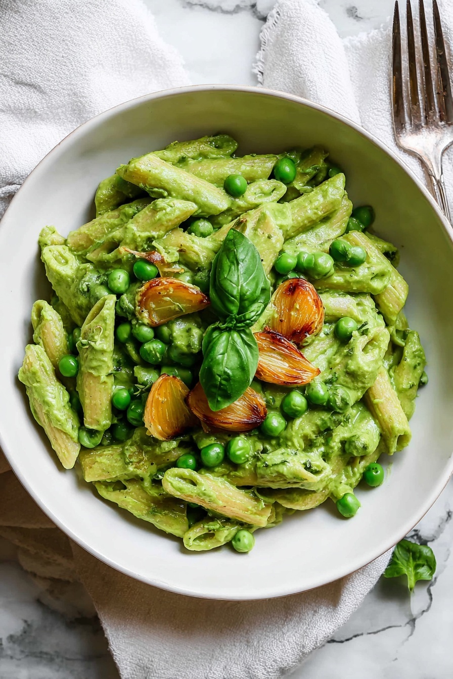 Creamy Green Pea Pasta with Basil and Tofu, green pea pasta, vegan creamy pasta, basil pasta recipes, healthy vegetable pasta - A white round bowl filled with penne pasta covered in a thick, creamy green sauce. On top, there are bright green peas, small pieces of golden-brown roasted garlic, and a few fresh basil leaves in the center. The bowl is placed on white marbled texture with a silver fork resting nearby on a white cloth. Photo taken with an iphone --ar 2:3 --v 7