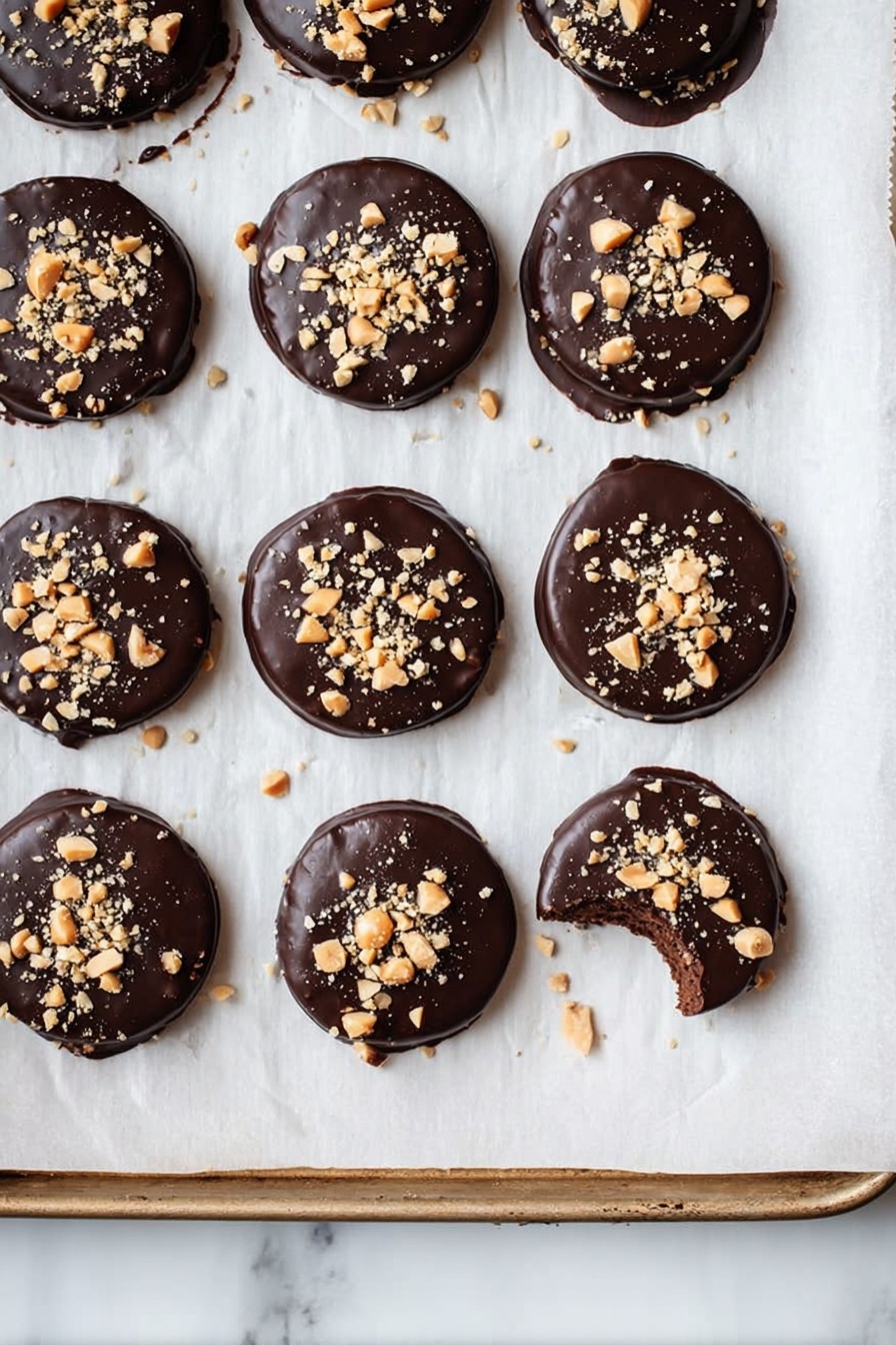 Vegan Chocolate-Dipped Peanut Butter Cracker Sandwiches, vegan snacks, no-bake treats, plant-based dessert, easy vegan recipes - There are 14 small round treats laid out in rows on white baking paper over a tray. Each treat has a shiny, dark chocolate layer on top, sprinkled with small chunks of light brown nuts. One treat in the bottom right corner has a bite taken out, showing a lighter inside. The edges of the chocolate coating are slightly uneven with some small drips. The tray sits on a white marbled surface. photo taken with an iphone --ar 2:3 --v 7