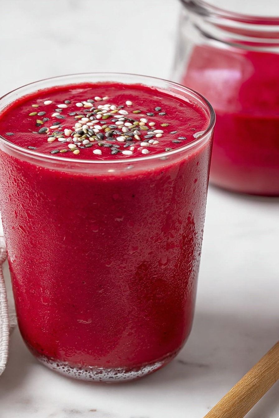 Banana Beet Smoothie, healthy beet smoothie, energizing fruit smoothies, nutritious smoothie recipes, beet and banana drink - A close-up of a thick bright red smoothie in a clear glass, filled almost to the top. The smoothie has a smooth texture and is sprinkled with small white, black, and green seeds on the surface. Behind the glass, there is a clear round container filled with the same red smoothie. Both are placed on a white marbled surface, and a wooden spoon handle is visible in the corner. The glass has condensation drops on the outside, showing it is cold. photo taken with an iphone --ar 2:3 --v 7