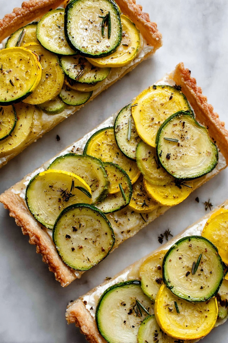 Zucchini and Yellow Squash Tart with Rosemary and Balsamic, summer vegetable tart, easy zucchini and squash tart, herb-infused vegetable tart, fresh summer tart recipe - Four long, narrow tarts are placed side by side on white parchment paper over a white marbled surface. Each tart has a thick golden-brown crust with a slightly raised edge. Inside, there is a creamy white base topped with two layers of thinly sliced yellow and green zucchini pieces that slightly overlap each other lengthwise. The zucchini slices have light grill marks and are sprinkled with small bits of green herbs and black pepper. The tarts have some small browned spots and a rustic, homemade look. Photo taken with an iphone --ar 2:3 --v 7
