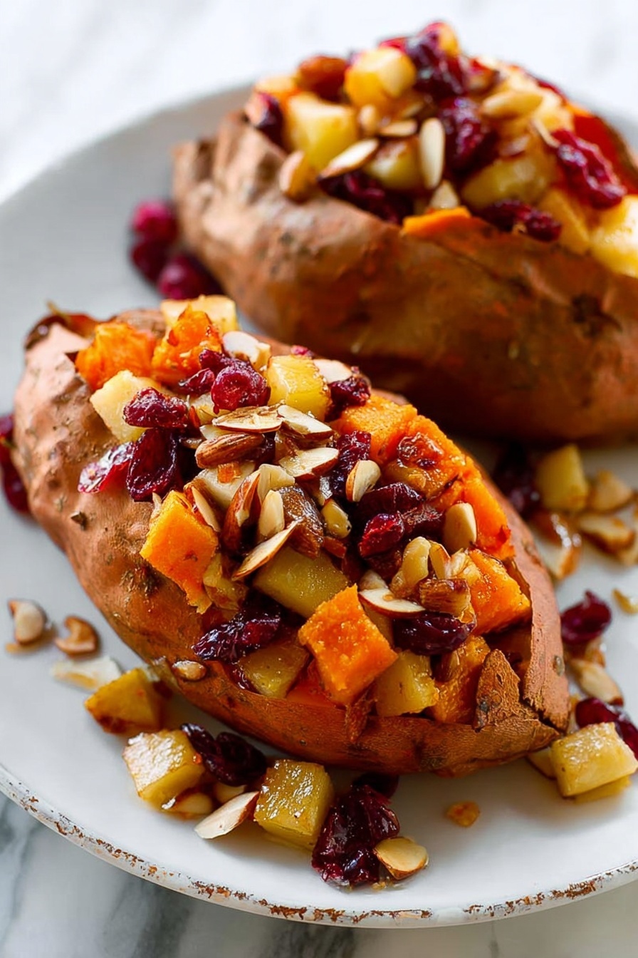 Cranberry Apple Twice-Baked Sweet Potatoes, sweet potato side dish with cranberries and apples, holiday sweet potato recipes, baked sweet potatoes with fruit, festive healthy side dishes - Two baked sweet potatoes sit on a white plate with a slightly cracked texture. Each sweet potato is opened and filled with a colorful mix of diced golden apples, deep red cranberries, and slivered almonds. The filling looks moist and slightly shiny, with some of the mixture spilling around the plate. The sweet potatoes have a soft, wrinkled orange skin with dark spots, showing a cooked texture. The background shows a white marbled surface. photo taken with an iphone --ar 2:3 --v 7