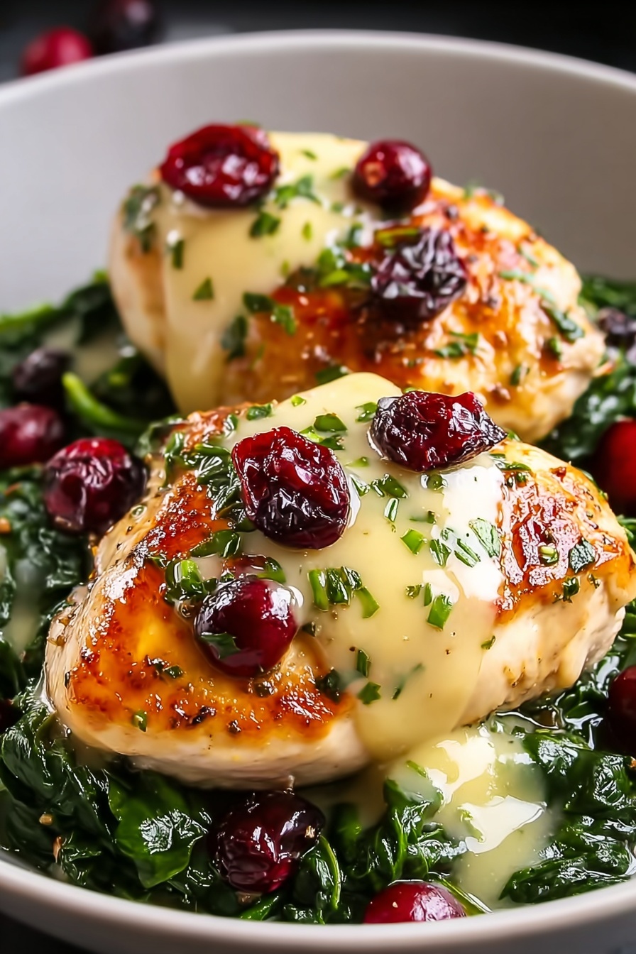 Cranberry & Spinach Stuffed Chicken Breasts with Brie, stuffed chicken breast recipes, elegant chicken dinner ideas, easy stuffed chicken recipes, healthy poultry fillings - Two pieces of golden brown chicken are placed on a bed of dark green cooked spinach in a white bowl. Each piece of chicken is topped with a creamy pale yellow sauce, sprinkled with chopped green herbs and dotted with shiny red cranberries. The chicken looks juicy and tender, contrasting with the soft texture of the spinach. The dish is shiny with some light reflecting on the sauce and cranberries, all set on a white marbled surface. photo taken with an iphone --ar 2:3 --v 7