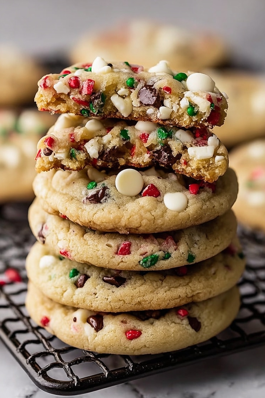 Winter Wonderland Chocolate Chip Cookies, holiday chocolate chip cookies, festive winter cookies, peppermint white chocolate cookies, easy holiday cookie recipe - A tall stack of five round cookies with a light golden brown dough base, each cookie filled with a mix of white chocolate chunks, small dark chocolate chips, and tiny red and green candy pieces spread evenly on top and inside. The top cookie has a bite taken from its upper edge, showing the soft, dense texture inside dotted with chocolate and candy bits. The cookies have a slightly rough but soft surface with some cracks. The stack sits on a black metal cooling rack with a white marbled background. photo taken with an iphone --ar 2:3 --v 7