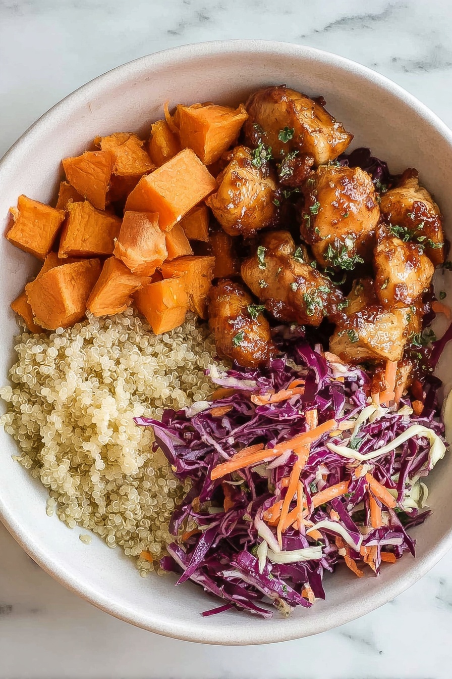 Healthy Hot Honey Chicken Bowls, Hot Honey Chicken Bowls, Sweetgreen Copycat Bowls, Healthy Chicken Bowls, Easy Healthy Dinner Recipes - A bowl with four sections of food sitting on a white marbled surface. The top left section has soft, cubed orange sweet potatoes with a slightly roasted texture. Below that is a portion of browned chicken pieces with a shiny glaze and visible herbs. The top right section contains a mix of shredded purple cabbage and orange carrots coated lightly in a creamy dressing. The bottom right section includes pale, fluffy cooked quinoa with tiny round grains. The bowl itself is white with a smooth finish. photo taken with an iphone --ar 2:3 --v 7