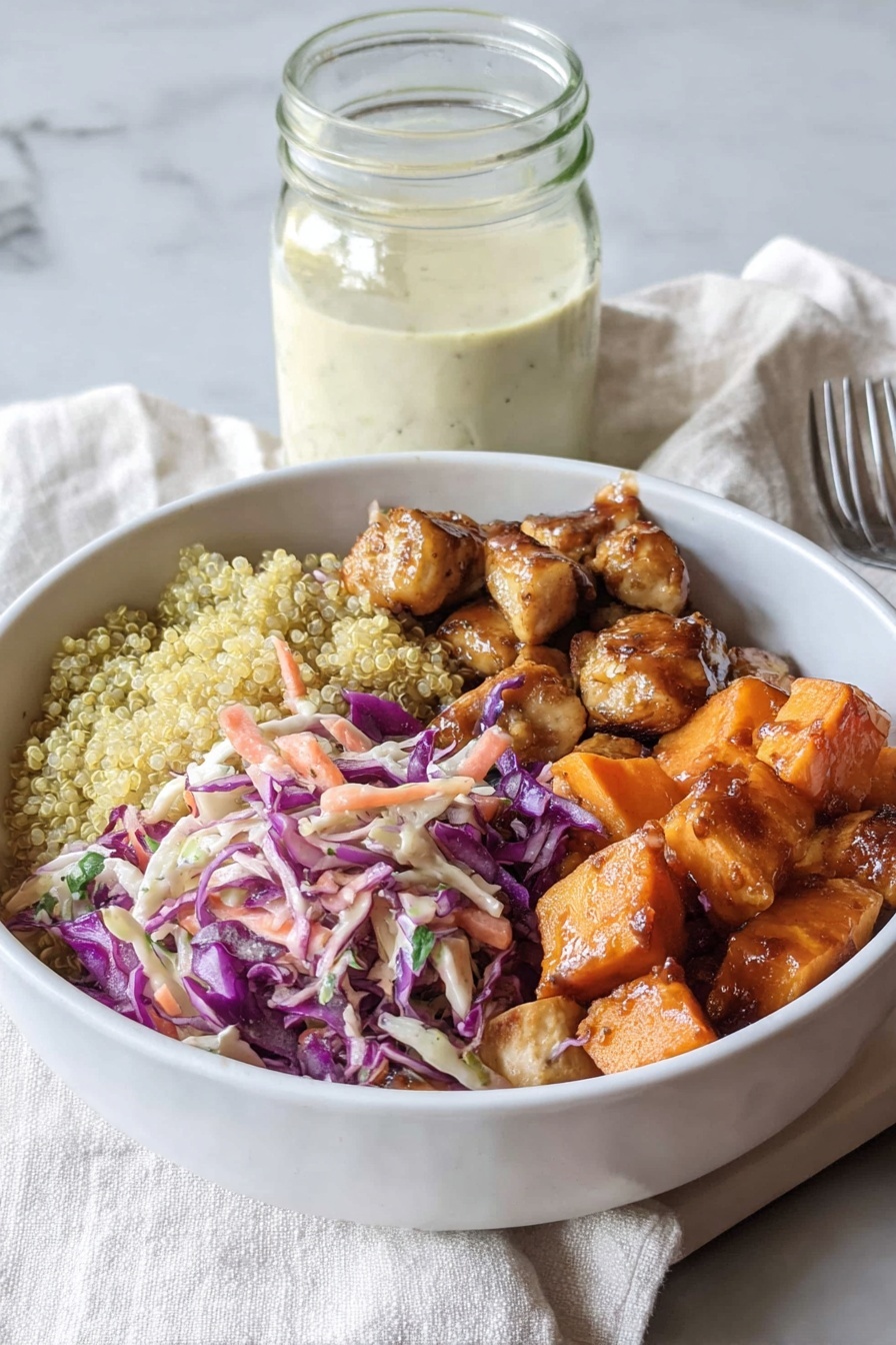 Healthy Hot Honey Chicken Bowls, Hot Honey Chicken Bowls, Sweetgreen Copycat Bowls, Healthy Chicken Bowls, Easy Healthy Dinner Recipes - The image shows a white bowl with four different parts of food arranged side by side. The first layer on the left is light yellow quinoa with a grainy texture. Next to it is a layer of purple and light orange coleslaw made from shredded cabbage and carrots mixed with a creamy dressing. The top-right section contains small browned chicken pieces with a golden glaze. The last section on the bottom-right has roasted orange sweet potato cubes with a slightly crispy look. Behind the bowl is a glass jar with a creamy white sauce. The whole scene is set on a white marbled surface with a light fabric in the background. Photo taken with an iphone --ar 2:3 --v 7