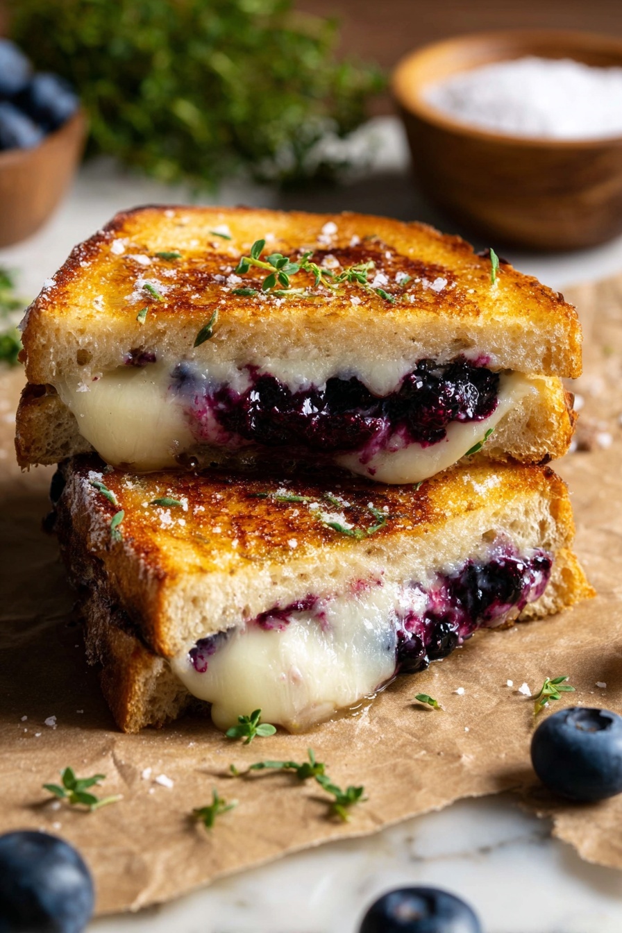 Blueberry Lemon Thyme White Cheddar Grilled Cheese Sandwiches, Gourmet grilled cheese with berries and herbs, Sweet and savory cheese sandwich recipe, Unique cheese sandwich ideas, Fast delicious grilled cheese recipes - The image shows a close-up of a grilled sandwich cut into two halves on brown paper over a white marbled surface. Each sandwich half has two layers: a golden-brown toasted bread layer on the top and bottom, with a melted white cheese layer in the middle mixed with dark purple blueberry filling. The top bread has a slight crunch with visible salt flakes and small green herb leaves on it. Around the sandwich, there are whole blueberries and some fresh green herbs scattered, with a small wooden bowl filled with salt in the blurred background. The photo is taken with an iphone --ar 2:3 --v 7