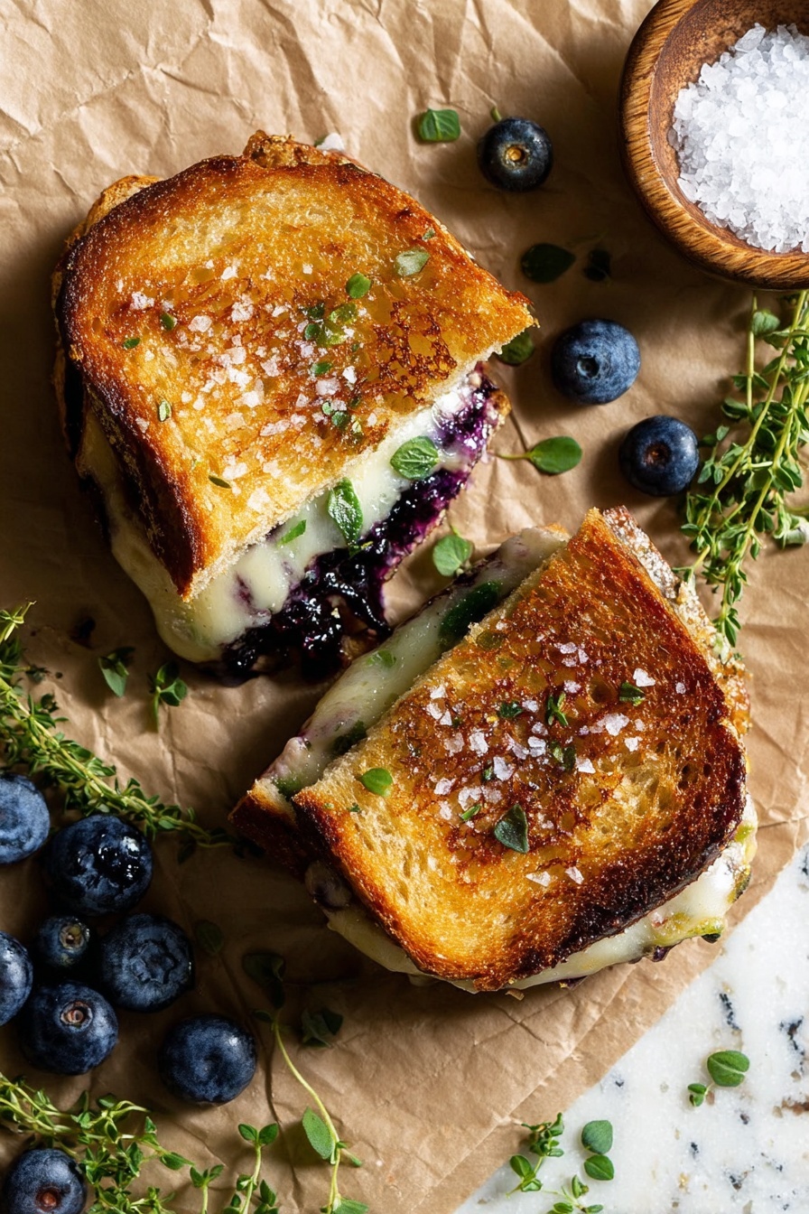 Blueberry Lemon Thyme White Cheddar Grilled Cheese Sandwiches, Gourmet grilled cheese with berries and herbs, Sweet and savory cheese sandwich recipe, Unique cheese sandwich ideas, Fast delicious grilled cheese recipes - A sandwich is cut into two pieces and placed on brown paper, with toasted golden-brown bread on top showing some melted white cheese and dark purple filling peeking out from inside. The sandwich is sprinkled with small green herb leaves and flaky white salt on top. Around the sandwich are fresh blueberries and sprigs of green herbs. To the upper right, there is a small round wooden bowl filled with coarse salt. The background is a white marbled texture. photo taken with an iphone --ar 2:3 --v 7