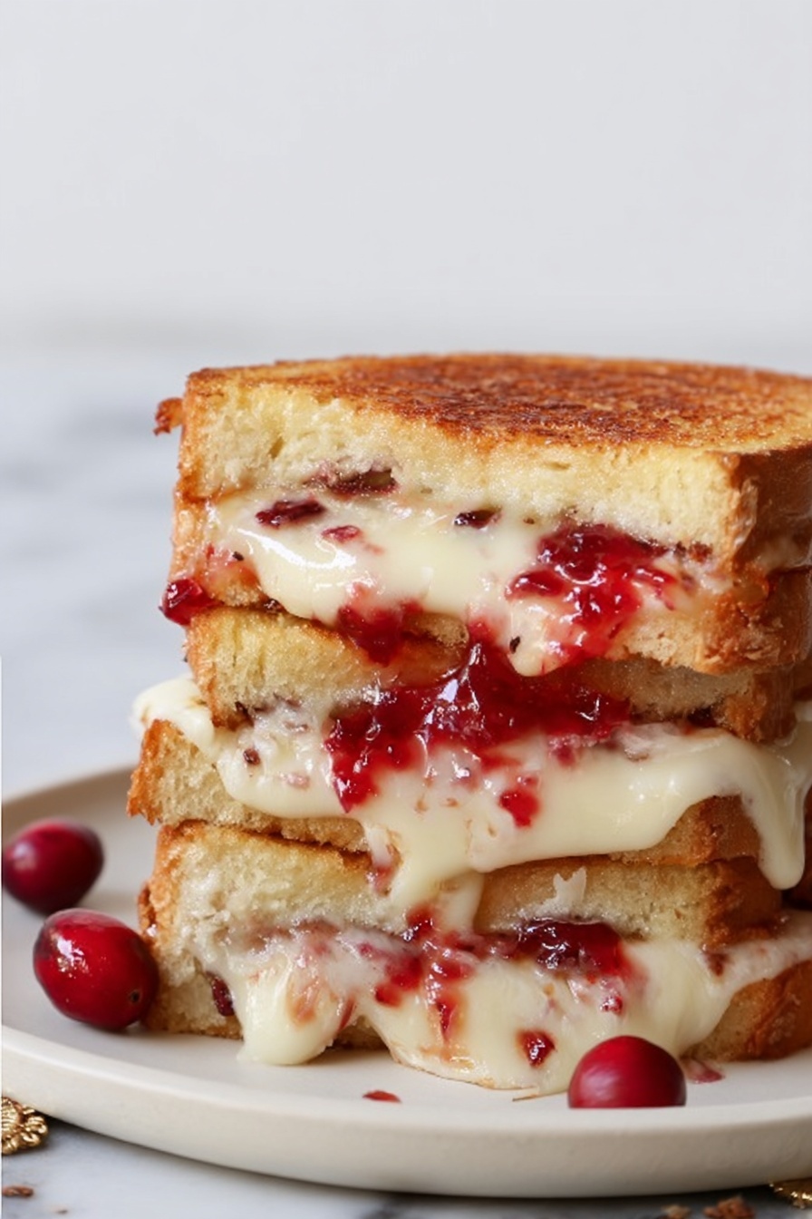 Cranberry Turkey Grilled Cheese, turkey cranberry sandwich, holiday leftover recipes, easy grilled cheese ideas, festive turkey sandwich - The image shows a thick sandwich with three layers of toasted golden-brown bread stacked on top of each other, each layer spreading melted creamy cheese that is slightly dripping down the sides. Between the cheese layers, there is bright red jam with a smooth, glossy texture that contrasts with the melted cheese. The sandwich sits on a white plate placed on a white marbled surface. Some whole red berries are placed near the sandwich, adding color and detail. photo taken with an iphone --ar 2:3 --v 7