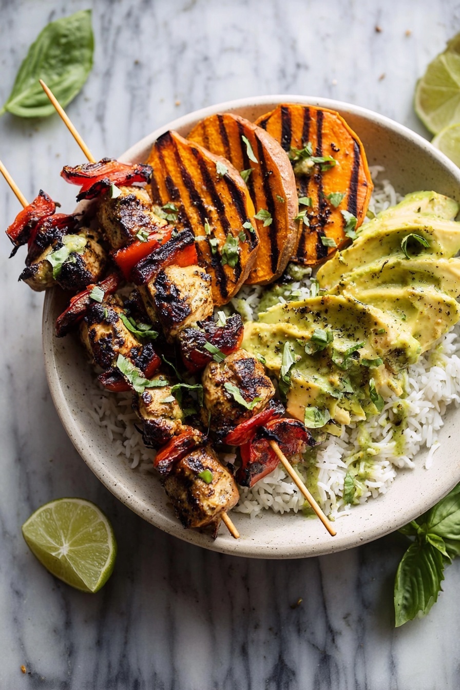 Grilled Chili Lime Honey Chicken, grilled chili lime honey chicken with sweet potatoes and avocado salsa, healthy grilled chicken recipes, summer chicken dishes, flavorful chicken marinade - A white bowl shows a meal with three main layers. The bottom layer is white cooked rice that fills the bowl. Above the rice, two wooden skewers hold grilled pieces of chicken and red bell pepper, both having a slightly charred texture and mixed brown and red colors. On the left side on top of the rice, there are thick grilled sweet potato slices in orange with grill marks and sprinkled green herbs. On the right side, there are slices of yellow-green avocado with a light green sauce and small bits of green herbs on top. The dish is garnished with fresh green basil leaves. The bowl sits on a white marbled surface, and there are some lime halves placed nearby. Photo taken with an iphone --ar 2:3 --v 7