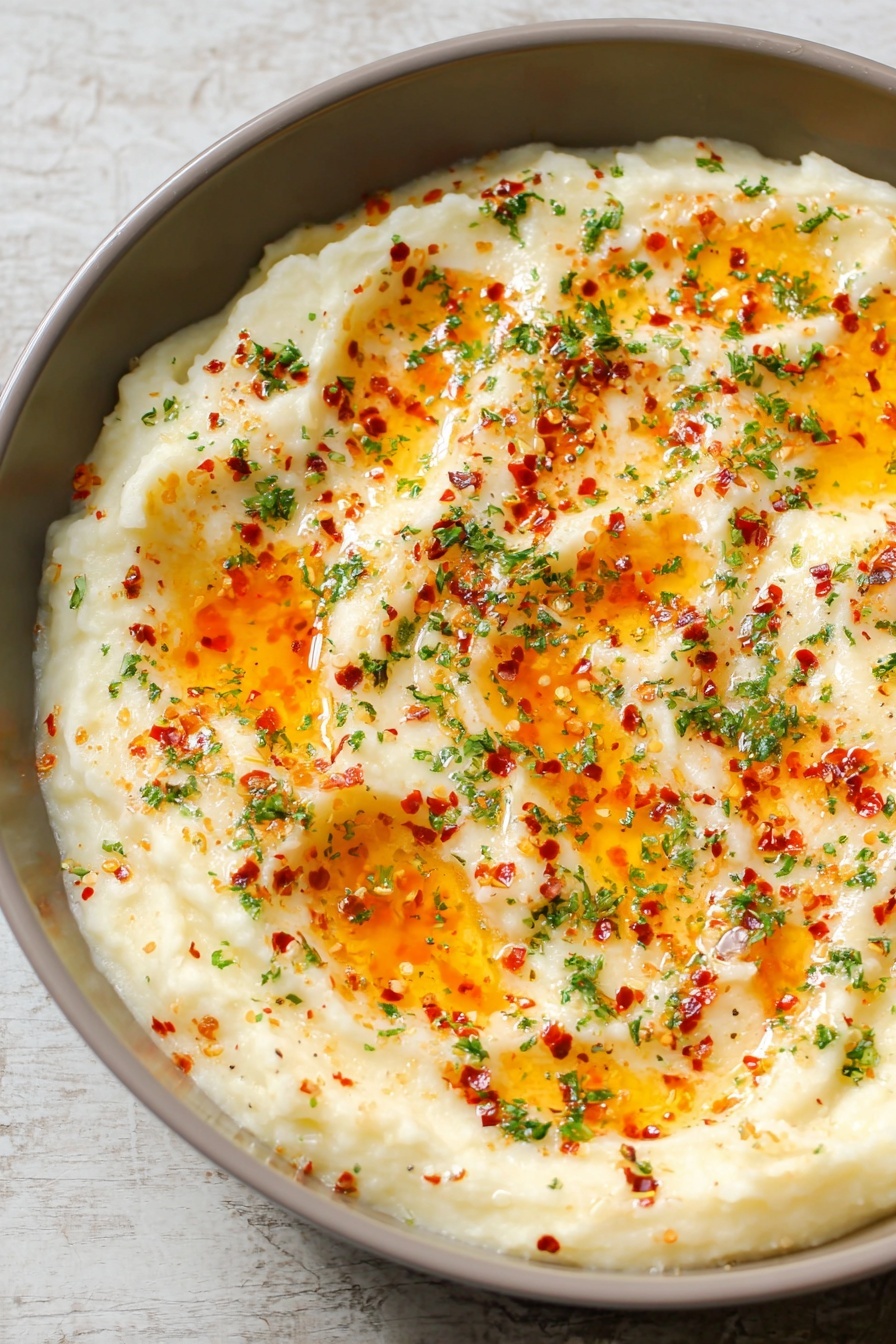 Vegan Brie Dip Pepper Jelly, plant-based brie dip, vegan appetizer recipes, dairy-free cheese dip, easy vegan dip ideas - The image shows a pan filled with creamy mashed potatoes as the thick, smooth bottom layer, pale off-white in color. On top, there are scattered patches of melted golden-orange butter that form small pools with a shiny, oily texture. Sprinkled over everything are small, evenly spread red chili flakes and finely chopped green herbs, adding a contrast of red and green specks against the creamy white base. The pan is a neutral gray, and the surface underneath has a white marbled texture. photo taken with an iphone --ar 2:3 --v 7