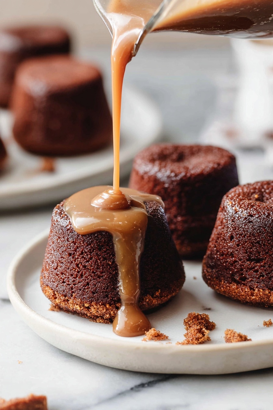 Sticky Toffee Pudding with Toffee Sauce, British dessert recipes, moist date pudding, easy toffee dessert, comforting British sweets - A group of four small, round, dark brown cakes sit on a white plate on a white marbled surface. The closest cake is in the middle and has a thick light brown sauce being poured over it from a clear glass jug, with the sauce dripping down the sides. The texture of the cake looks soft and spongy. The other three cakes are whole, showing more of the rough cake texture. Small crumbs are scattered lightly on the plate near the cakes. The background is softly blurred, keeping focus on the cakes and sauce. Photo taken with an iphone --ar 2:3 --v 7