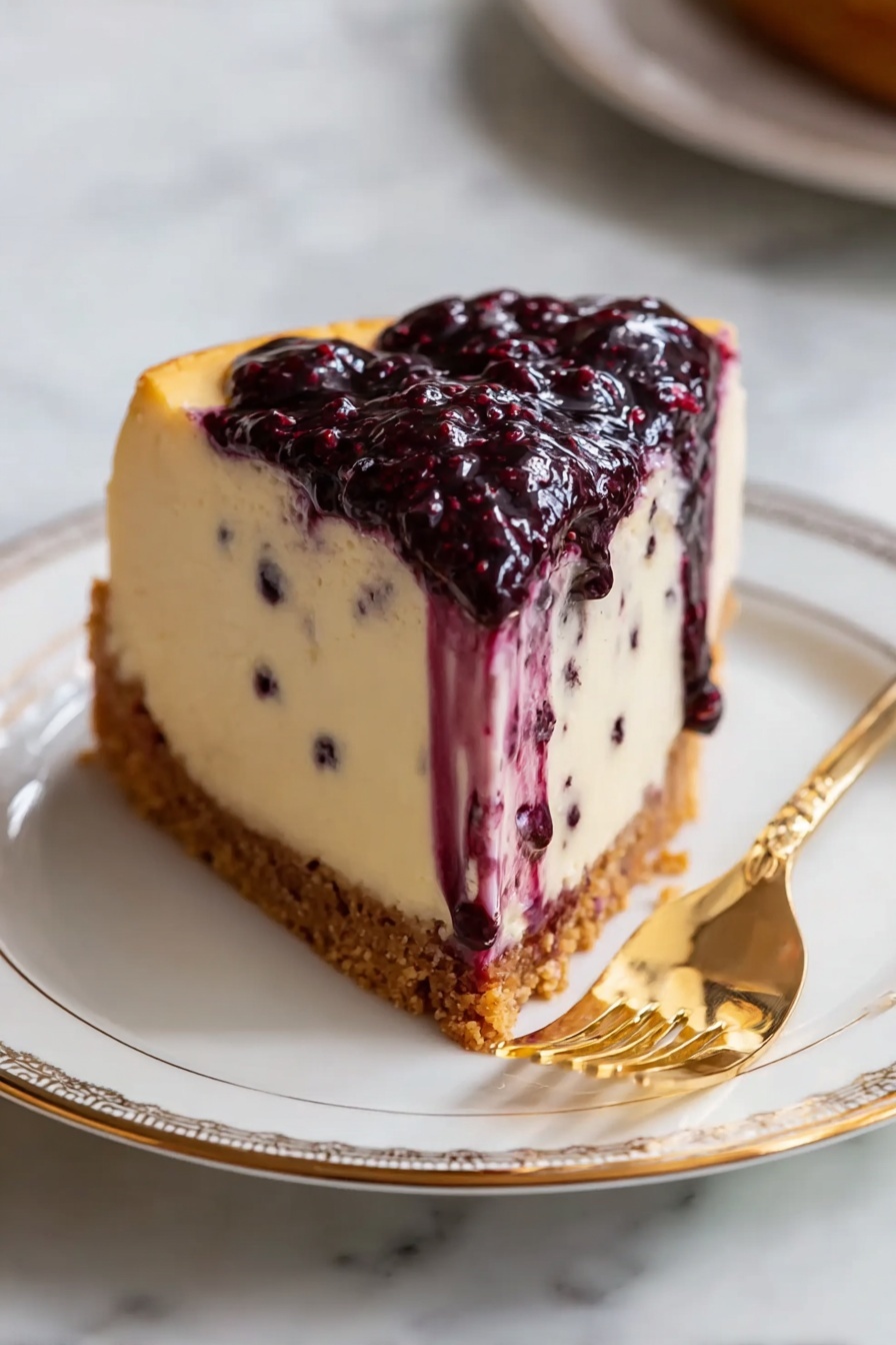 Mulberry & Earl Grey Cheesecake, Earl Grey cheesecake, Mulberry dessert, floral fruity cheesecake, creamy fruit cheesecake - A slice of cheesecake sits on a white plate with gold trim. The cheesecake has three layers: a golden brown crumbly crust at the bottom, a thick creamy beige middle layer with dark small specks inside, and a smooth, glossy dark purple berry sauce on top that drips down the sides. Next to the slice is a gold fork resting on the plate. The plate is set on a white marbled surface. photo taken with an iphone --ar 2:3 --v 7