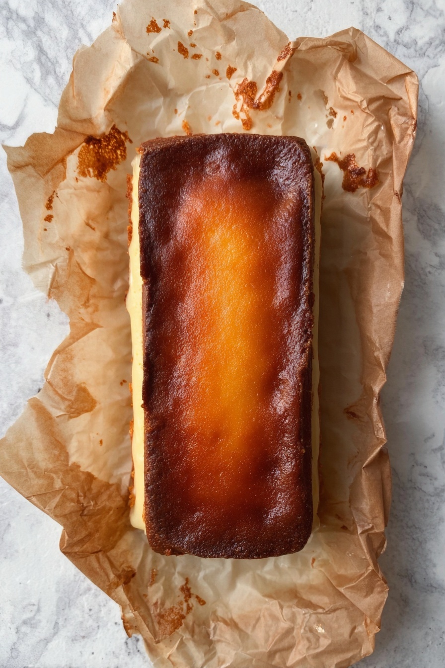 Loaf Pan Basque Cheesecake, Basque Cheesecake recipe, easy caramelized cheesecake, baked cheesecake in loaf pan, creamy baked cheesecake - A rectangular cake with a golden-brown top layer that is slightly darker at the edges, creating a caramelized look, rests on crumpled parchment paper. The sides of the cake are a pale yellow, contrasting with the rich top, and the parchment paper underneath shows spots of baked residue. The background surface is a white marbled texture, making the cake the main focus. photo taken with an iphone --ar 2:3 --v 7