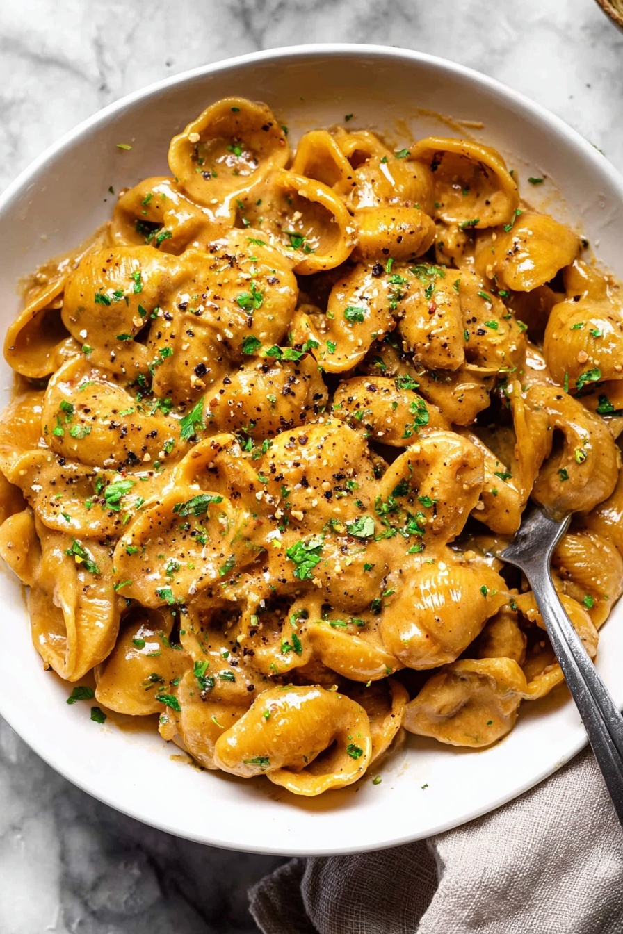 French Onion Pasta with Gruyere, French Onion Pasta recipe, caramelized onion pasta, cheesy pasta recipes, easy onion pasta dish - A white bowl filled with creamy pasta coated in a light brown sauce, the pasta pieces are round and shell-like in shape with smooth, glossy textures. The sauce covers each piece evenly, with small green herb flakes sprinkled on top as garnish, along with black pepper bits adding contrast. A silver spoon rests on the right side of the bowl, partially buried in the pasta. The bowl is set against a white marbled surface, with a soft, neutral cloth visible in the lower right corner. photo taken with an iphone --ar 2:3 --v 7