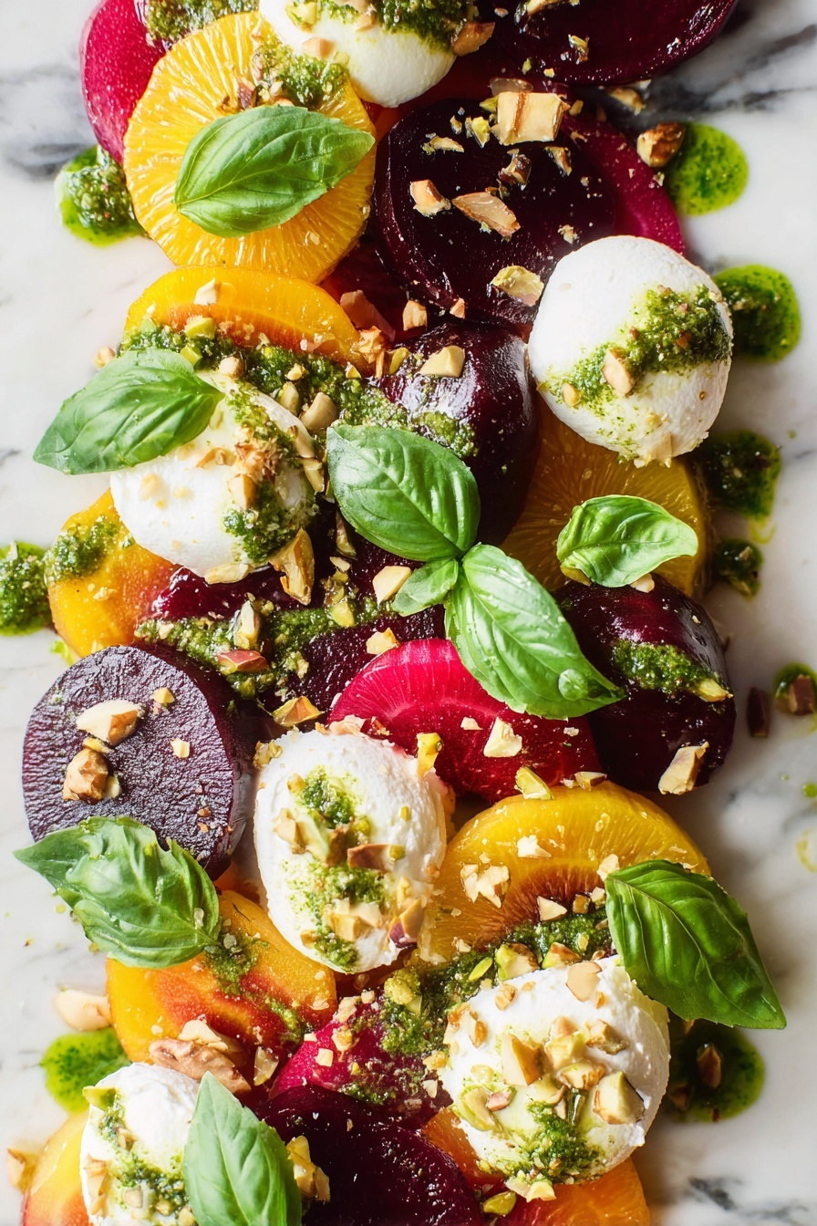 Roasted Beet and Burrata Salad, colorful beet and burrata salad, easy roasted beet salad, healthy citrus beet salad, gourmet beet and burrata dish - The dish shows a colorful mix of layers starting with slices of yellow and red beets covering the base, topped with soft white dollops of cheese spread in round shapes. On top of this, there are sections of bright red citrus pieces and dark purple beet slices scattered around. Green leaves of basil are placed evenly over the dish, alongside small dollops of a bright green sauce. Crushed nuts are sprinkled lightly all over, adding texture. The whole arrangement sits on a white marbled surface, and the photo was taken with an iphone --ar 2:3 --v 7