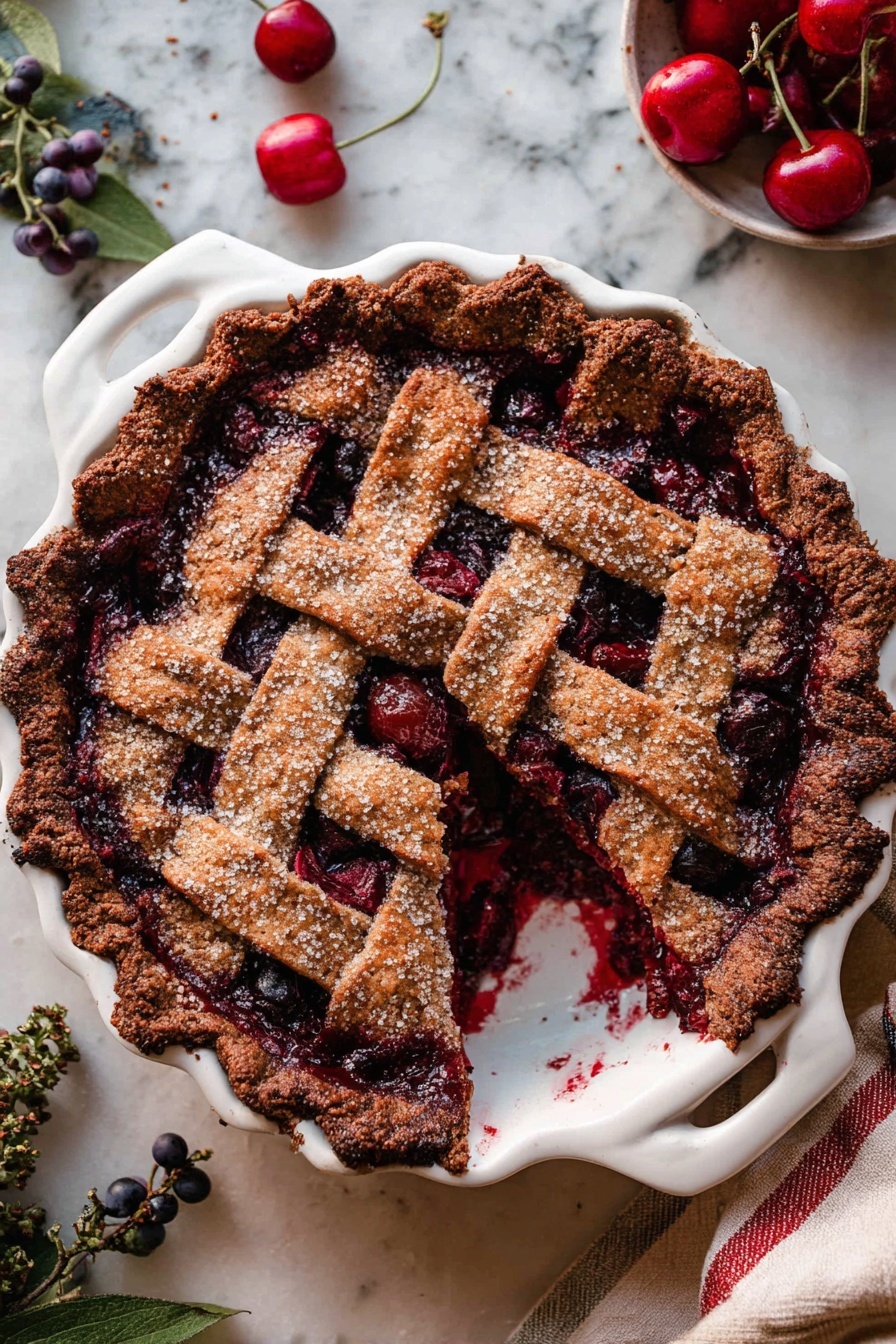 Chocolate Cherry Black Forest Pie, black forest cherry pie, chocolate cherry dessert, black forest pie with mascarpone, tart cherry chocolate pie - A round cherry pie with a lattice top crust in a white baking dish with handles. The crust is deep brown and looks crispy with large sugar crystals on top. The filling underneath is bright and dark red with chunks of cherries visible through the gaps in the lattice. The dish sits on a white marbled surface with a couple of fresh cherries and some green and purple berries and leaves nearby. There is a slice partly removed, showing the juicy cherry filling inside. Photo taken with an iphone --ar 2:3 --v 7
