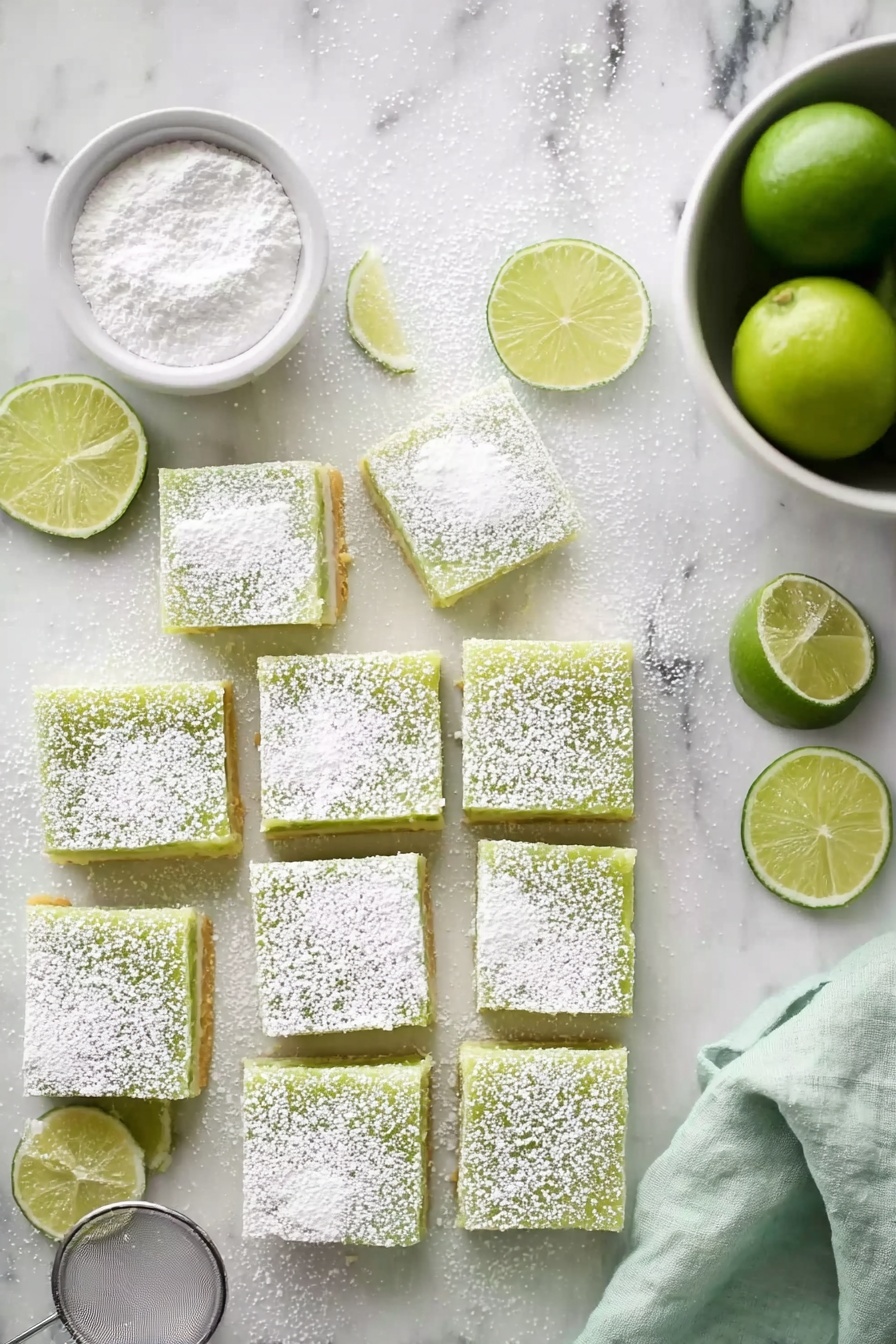 Lime Bars, Lime Bars Recipe, Tart Lime Bars, Easy Lime Dessert, Citrusy Bars - The image shows nine square lime bars arranged in three rows on a white marbled surface. Each bar has a light green layer with a dense texture, topped with a light dusting of white powdered sugar that creates a soft, snowy effect. Next to the squares is a small white bowl filled with white powdered sugar and a metal sifter resting on the surface. On the left edge, there are thin wedges and a half slice of fresh lime, adding a hint of bright green. To the right, there is a white bowl filled with whole green limes and a lime half resting nearby, along with a light green cloth napkin partially visible. The photo taken with an iphone --ar 2:3 --v 7