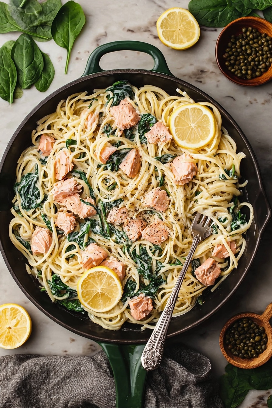 Creamy Salmon Pasta, Creamy Salmon Pasta, Easy Salmon Pasta, Salmon Pasta Dinner, Quick Salmon Pasta - A skillet filled with creamy pasta, showing about three layers: a base of light yellow spaghetti noodles intertwined with bright green spinach leaves, creamy white sauce coating the pasta evenly, and scattered pieces of cooked pink salmon chunks with black pepper on top. There are three thin slices of lemon placed on one side of the skillet. A silver fork rests inside the pasta on the right side. The skillet is a dark cast iron with a green handle, set on a white marbled surface with spinach leaves, lemon slices, and a small bowl of capers around it. A grey cloth is partly visible beside the skillet. photo taken with an iphone --ar 2:3 --v 7